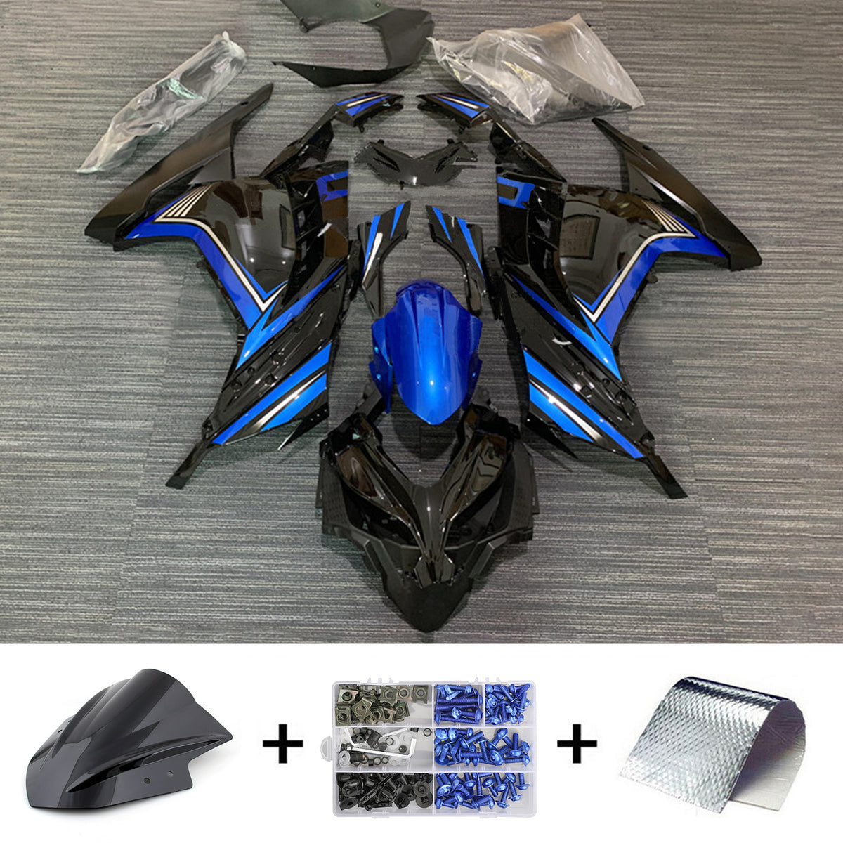 Amotopart 2013-2024 Kit carena Kawasaki EX300/Ninja300 blu lucido e nero