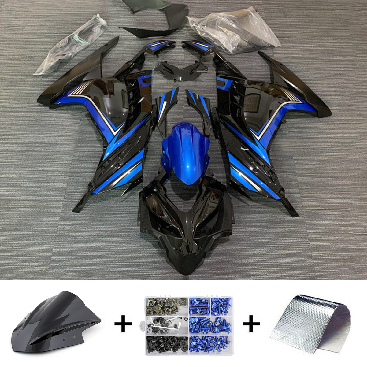 Amotopart 2013-2024 Kawasaki EX300/Ninja300 Verkleidungssatz, glänzend blau und schwarz