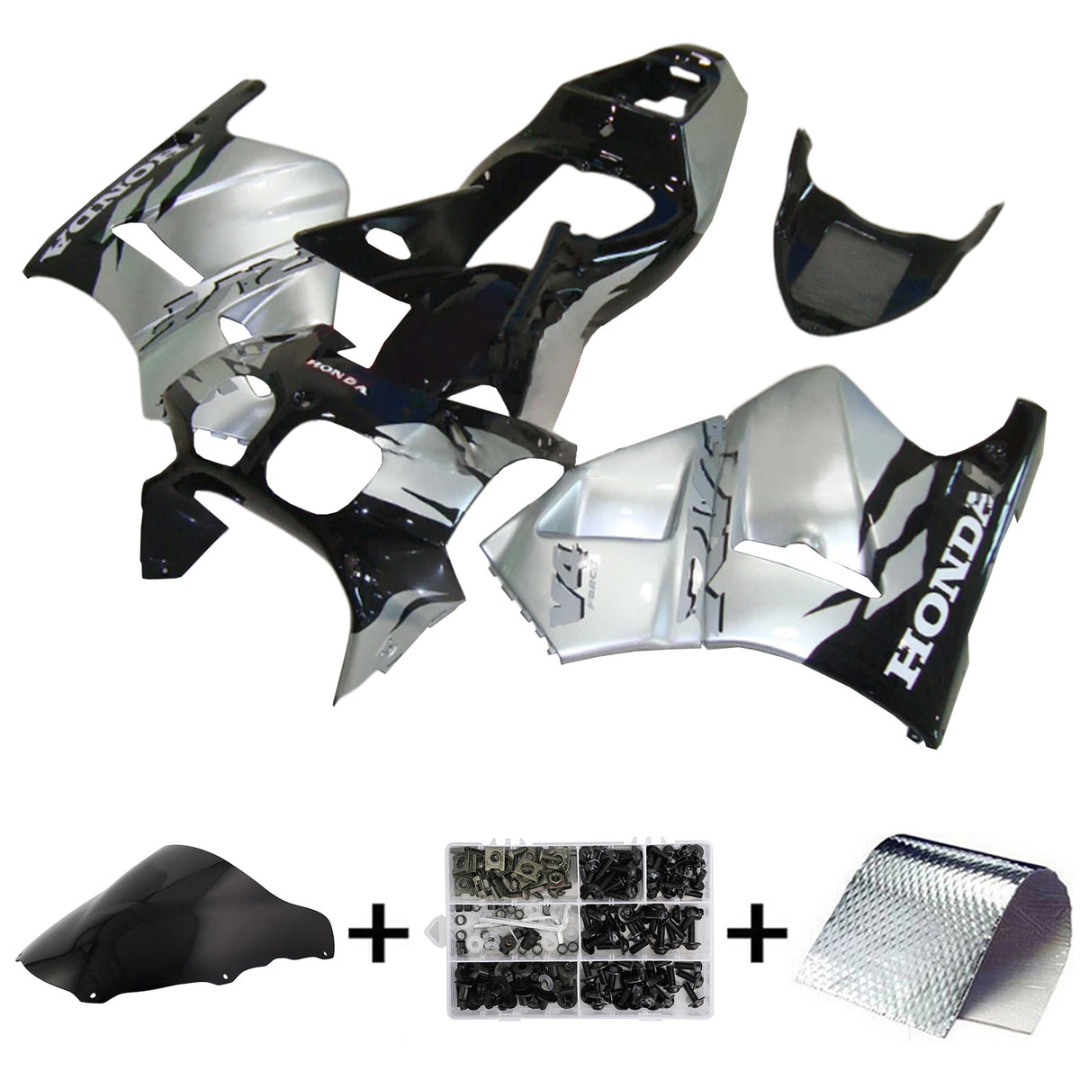 Amotopart Verkleidungssatz für Honda RVF400 NC35, 1993–1998, Schwarz/Silber