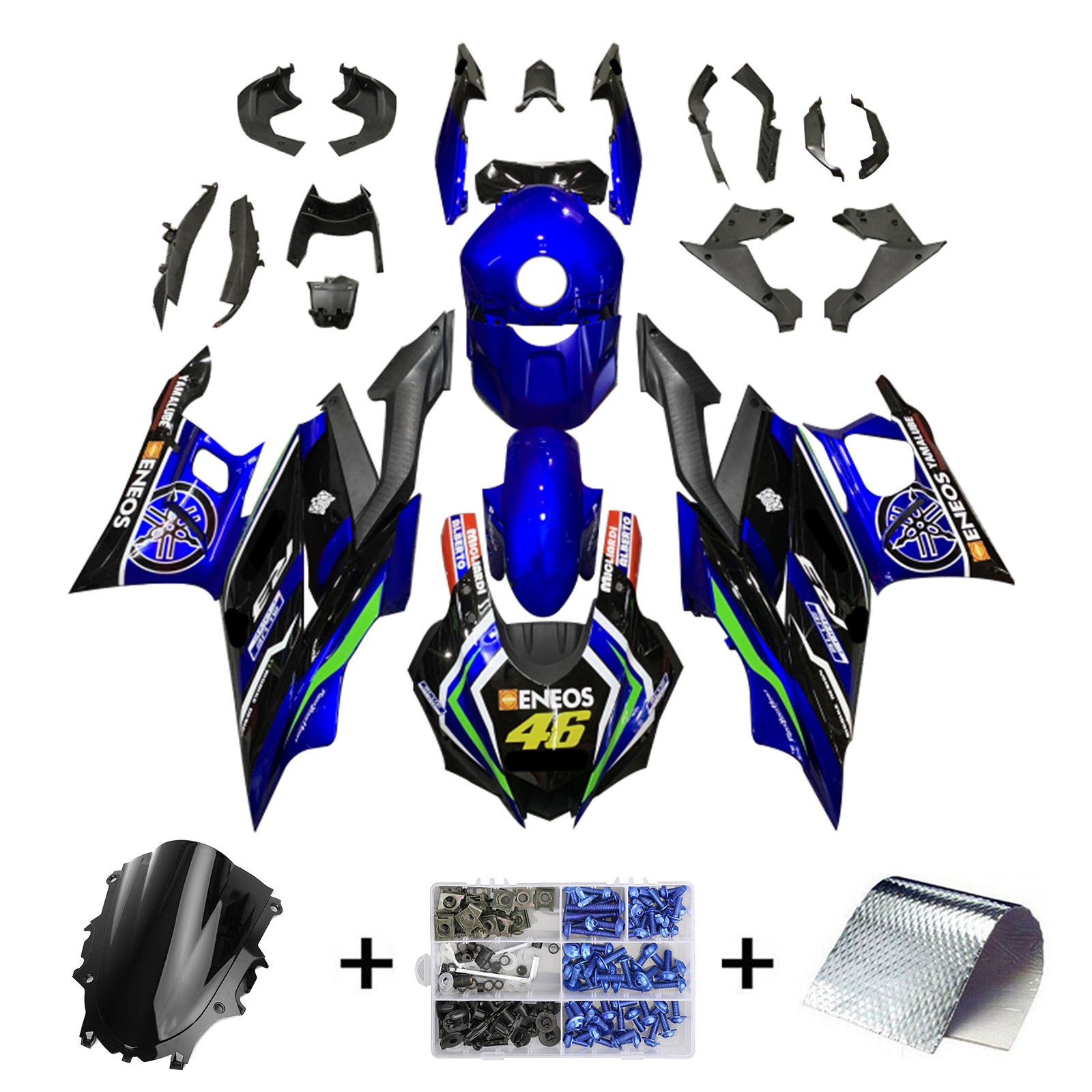 Amotopart Yamaha 2019-2021 YZF R3/YZF R25 Kit de carenado negro y azul Style8