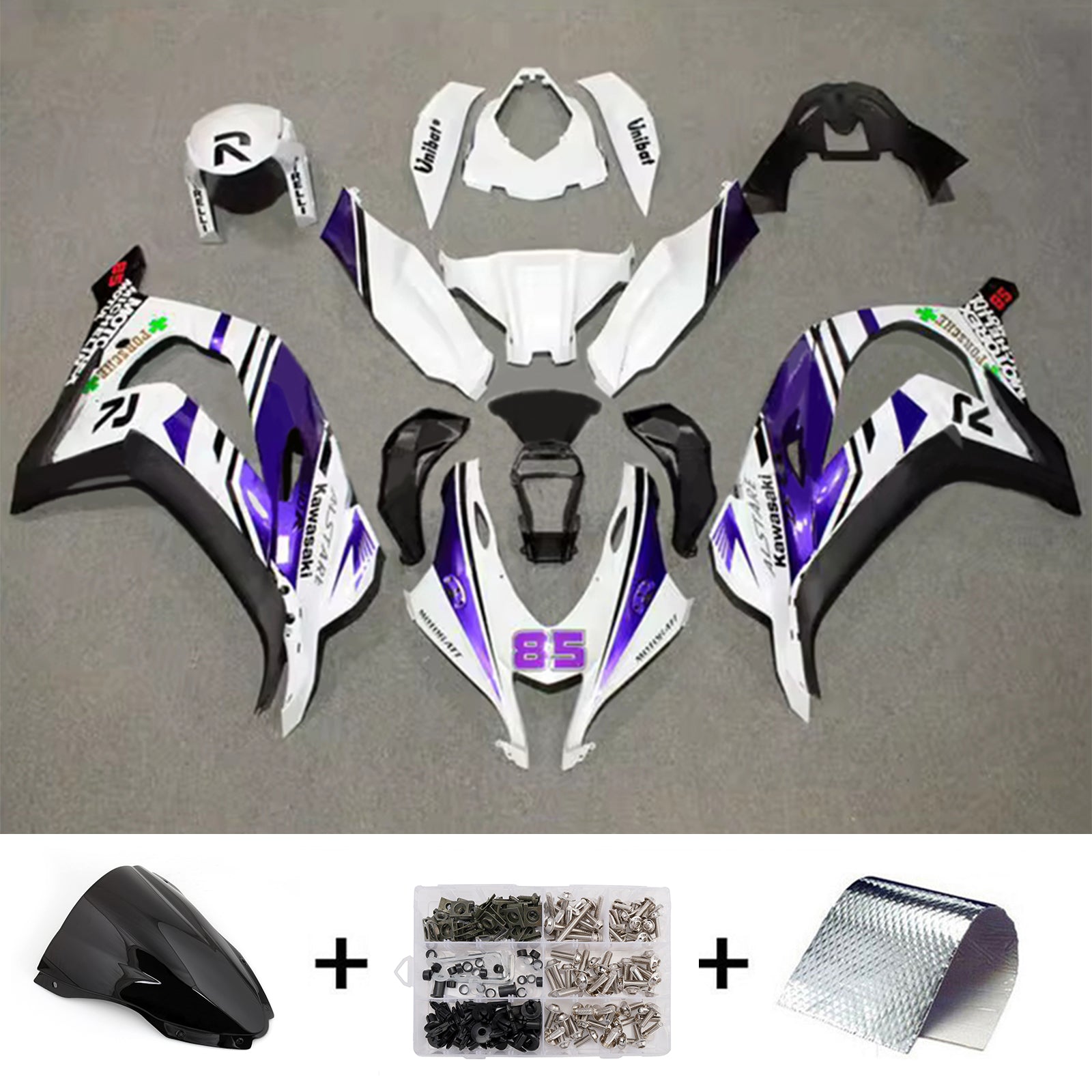 Kit de carenagem Amotopart 2016-2020 Kawasaki ZX10R roxo branco preto