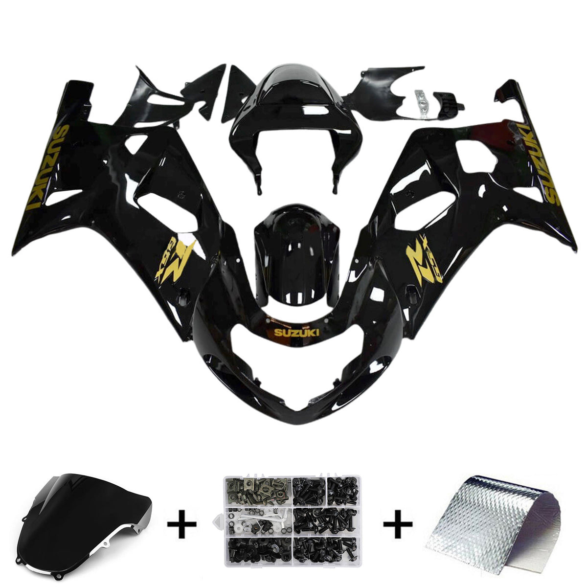 Amotopart 2001-2003 GSXR600 2000-2003 GSXR750 K1 Suzuki Gloss Black with Gold Logo Fairing Kit