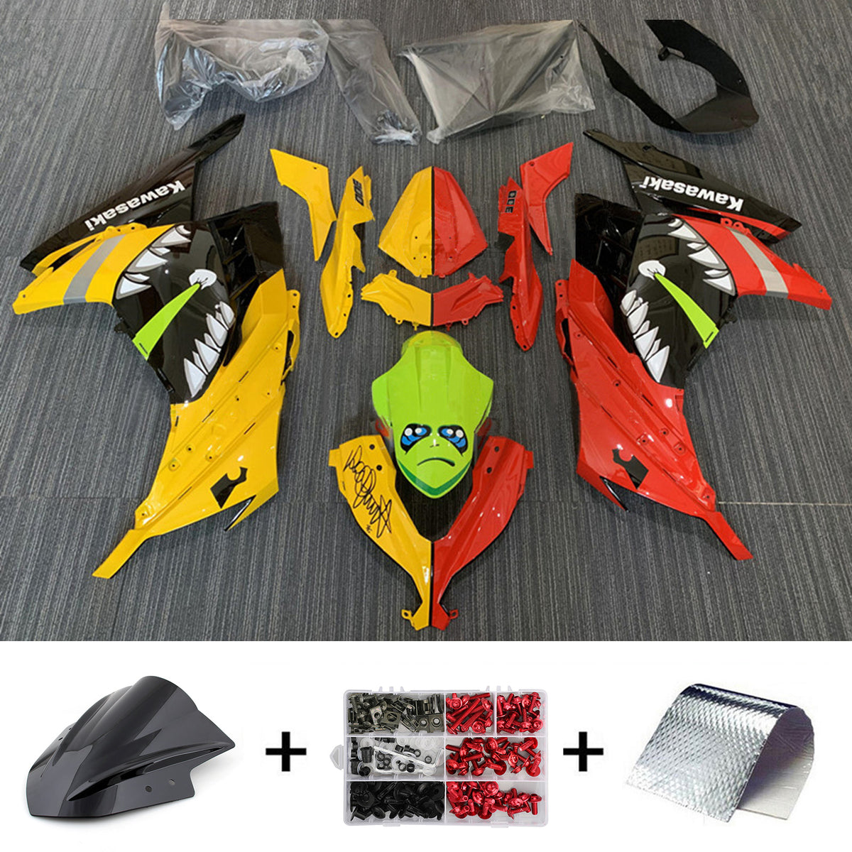 Amotopart 2013-2024 Kawasaki EX300/Ninja 300 Monster Kit de carenado rojo y amarillo