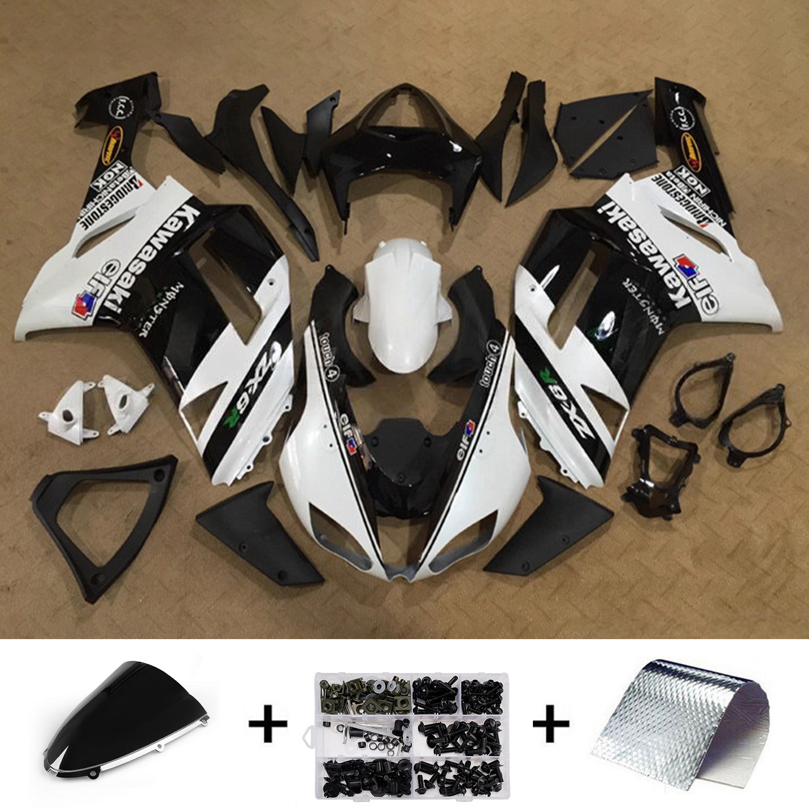Amotopart 2007-2008 Kawasaki ZX6R 636 Black & White Fairing Kit