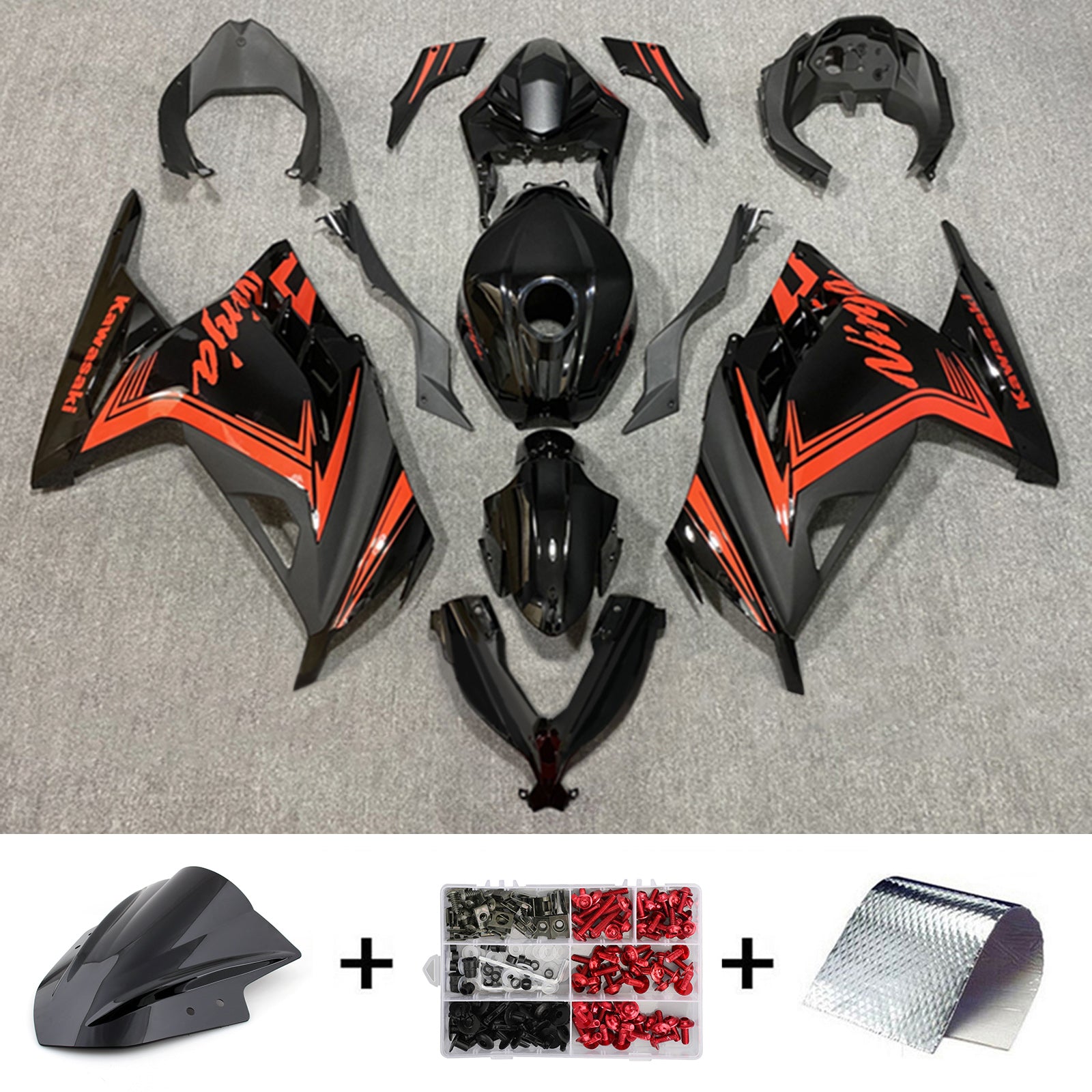 Amotopart 2013-2024 Kawasaki EX300/Ninja300 ブラック&レッド フェアリングキット