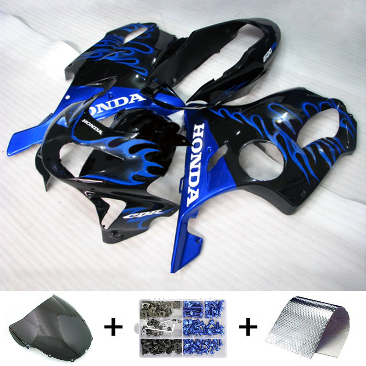 Amotopart 1999-2000 CBR600 F4 Honda negro con kit de carenado de llama azul