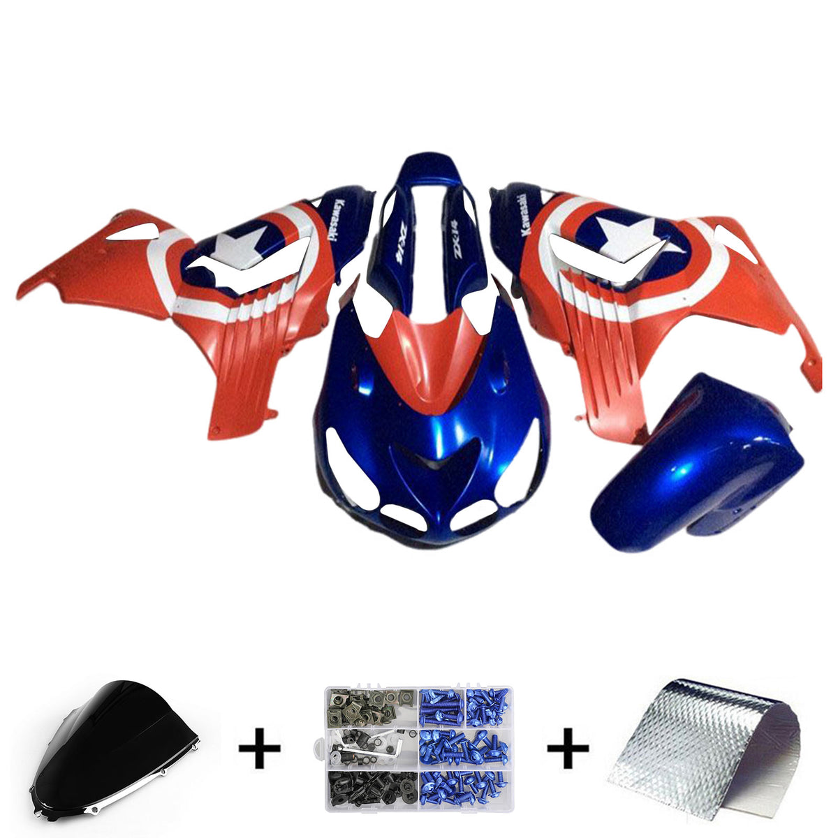 Amotopart 2006-2011 Kawasaki ZX14R ZZR1400 Kit de carénage orange bleu et étoile