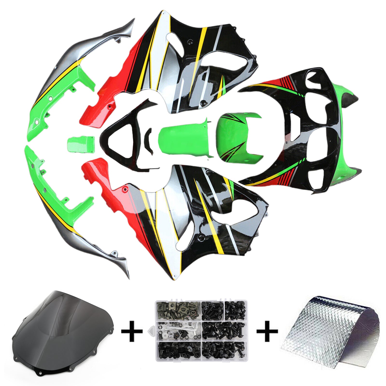 Amotopart 1996-2003 Kawasaki Zx7r Black Red Green Fairing Kit