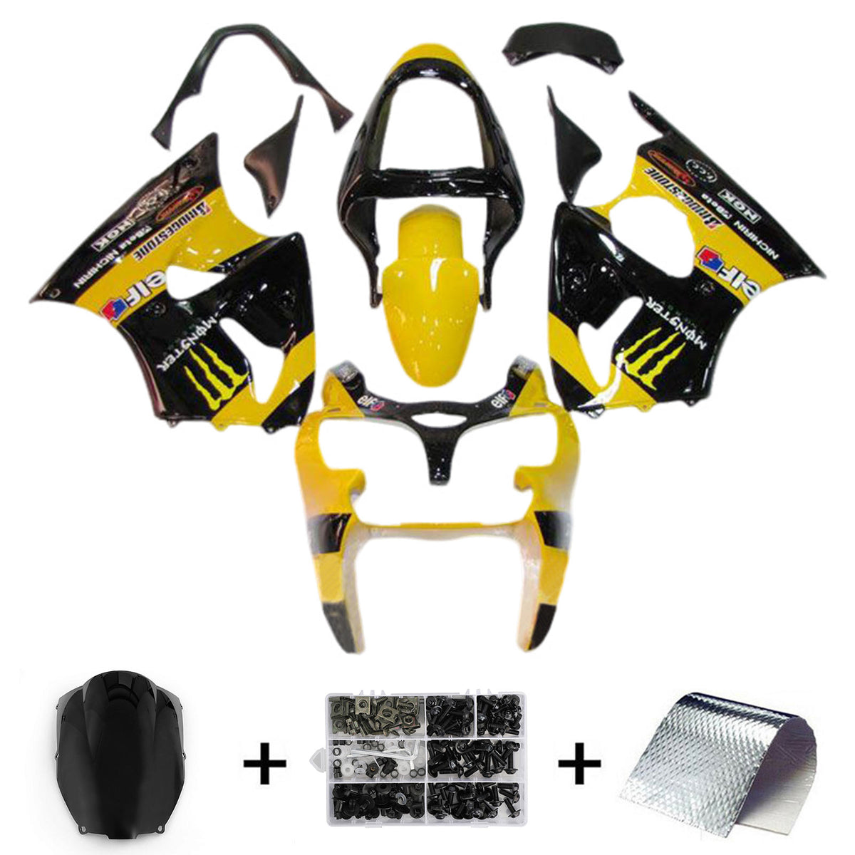 Amotopart 2000-2002 Kawasaki ZX6R 636 & 2005-2008 Kawasaki ZZR600 Kit de carénage noir jaune