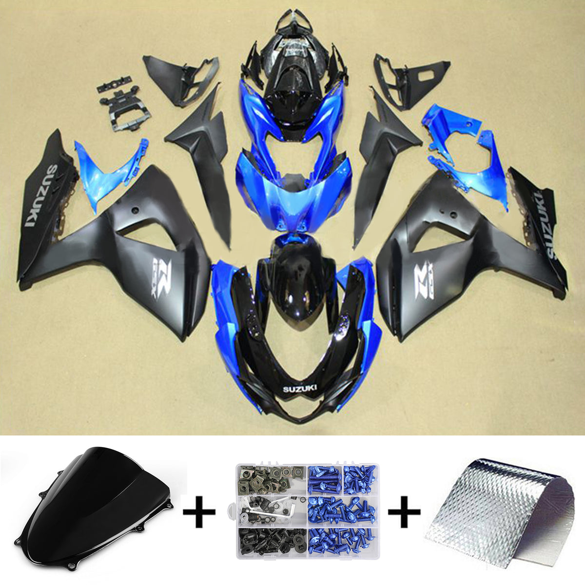 Amotopart 2009-2016 K9 GSXR1000 スズキ マットブラック&ブルー Style1 フェアリングキット