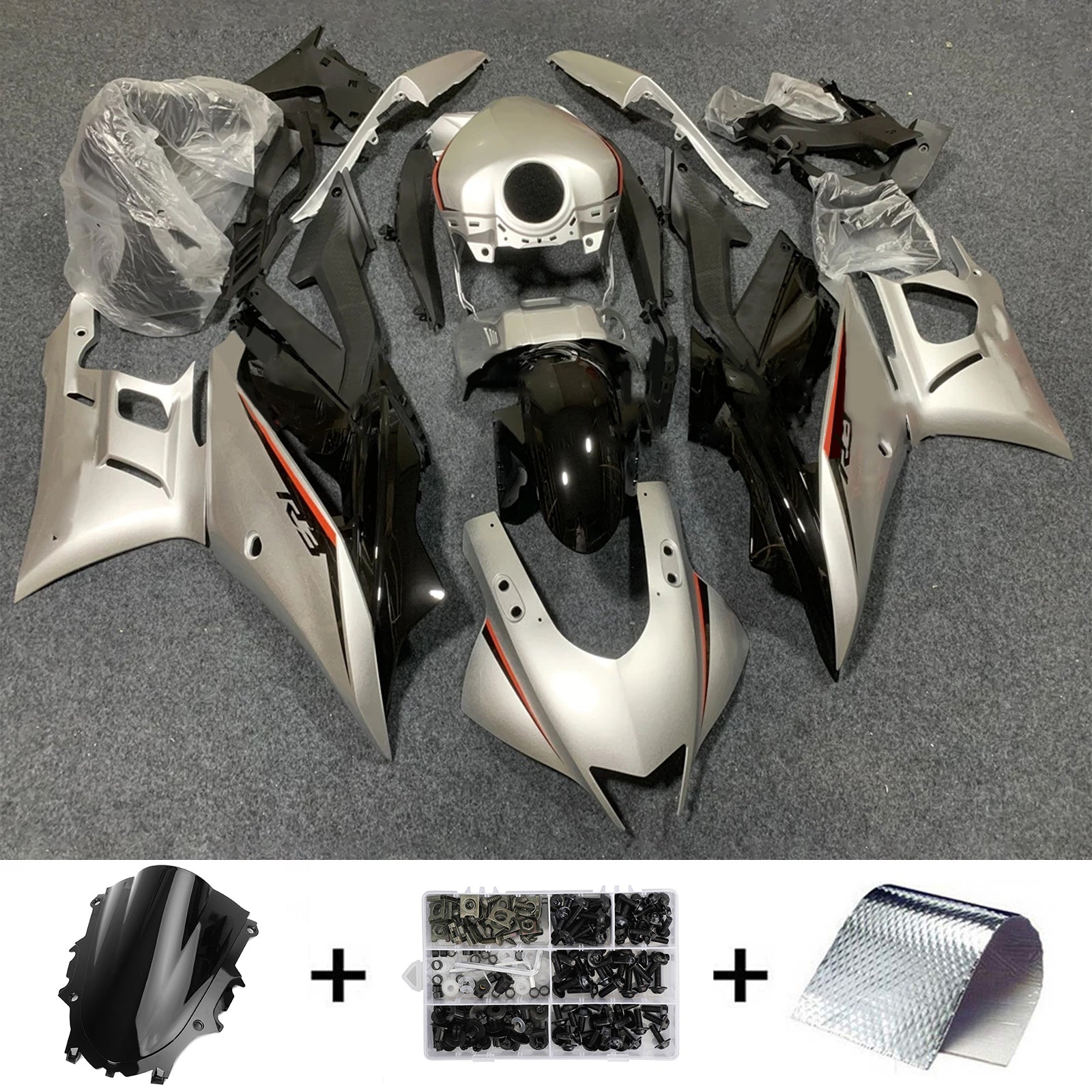 Amotopart 2022-2024 Yamaha YZF-R3 y R25 Kit de carenado negro plateado gris