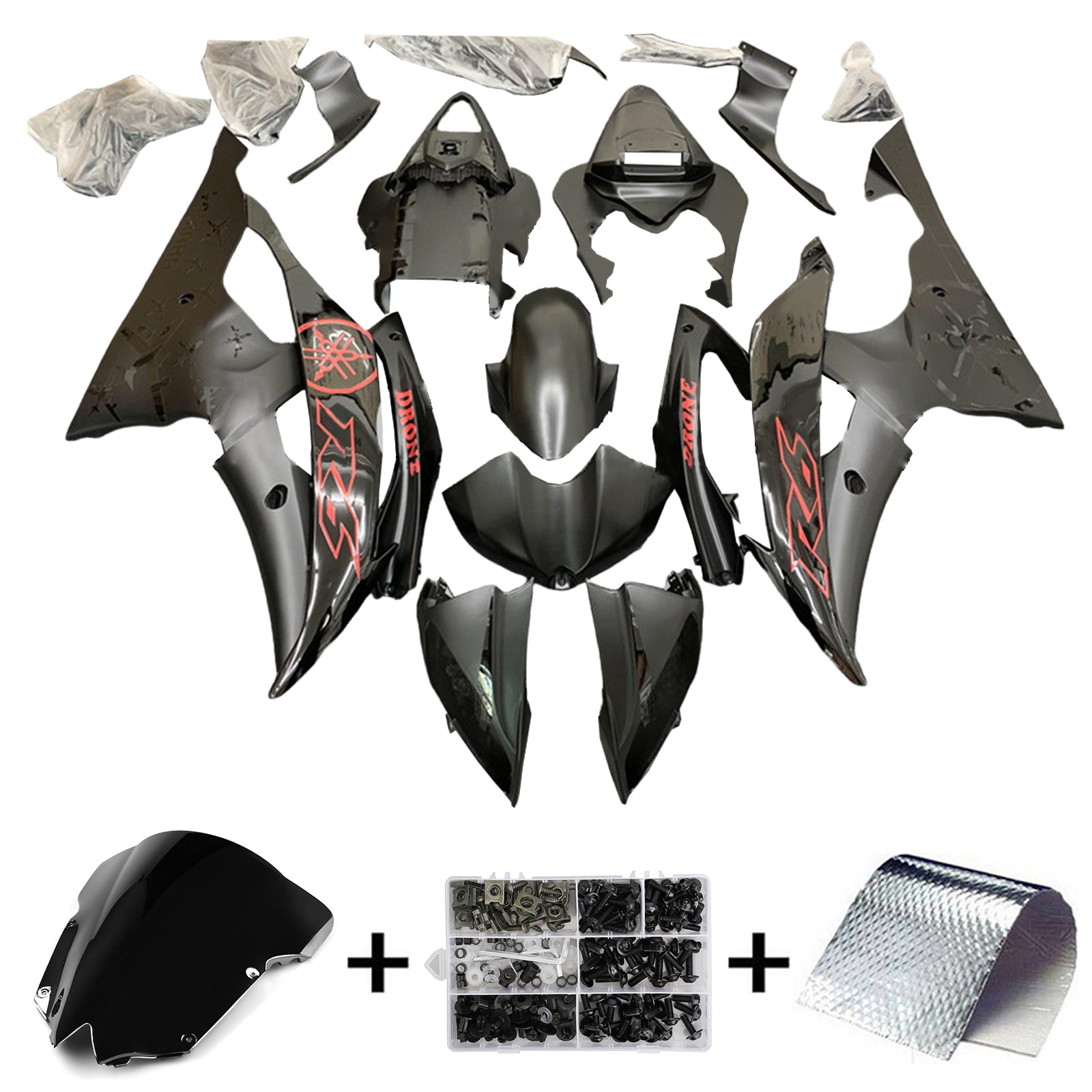 Amotopart 2008-2016 Yamaha YZF 600 R6 negro mate con kit de carenado con logotipo rojo