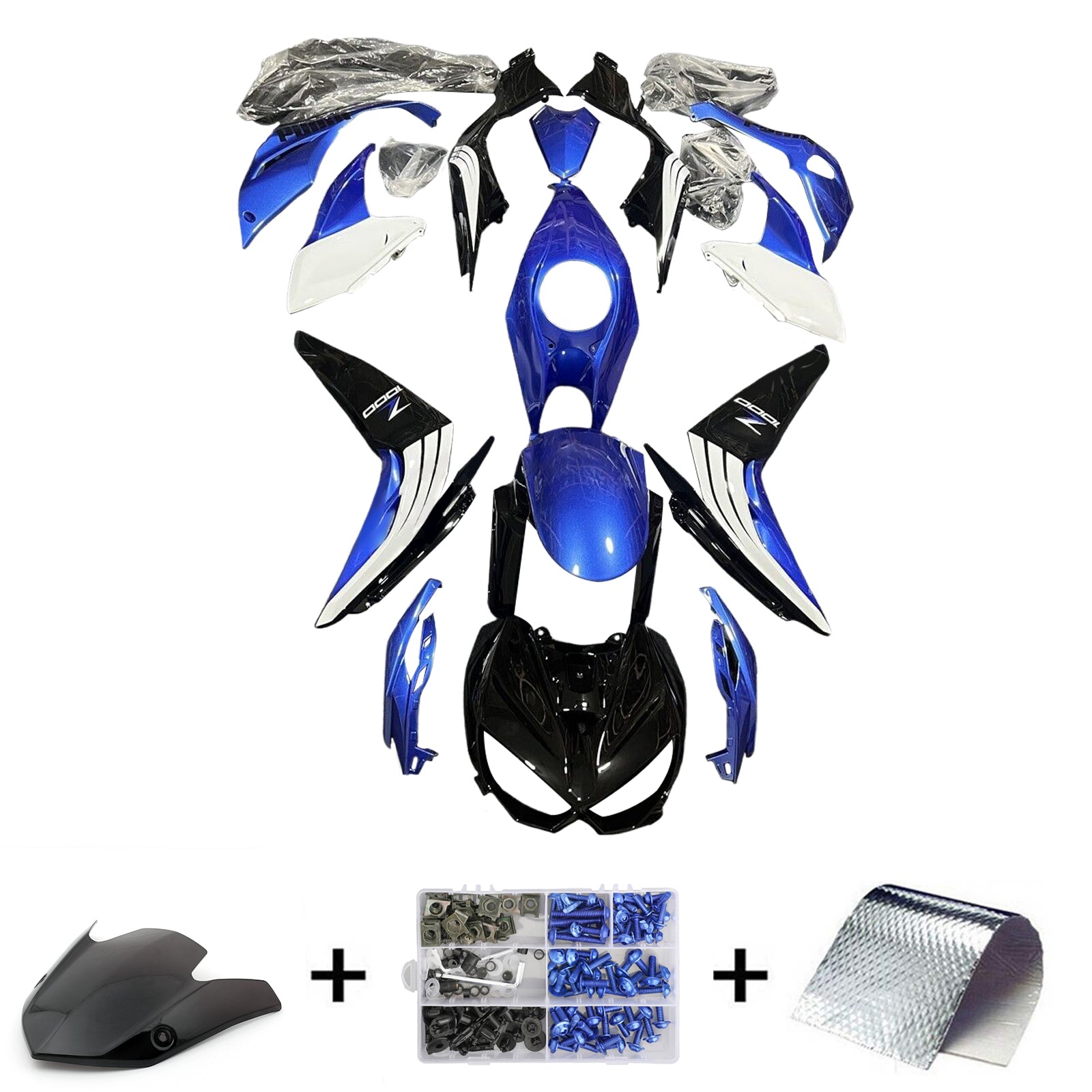 Amotopart 2014-2017 Kawasaki Z1000 Kit de carénage noir blanc bleu