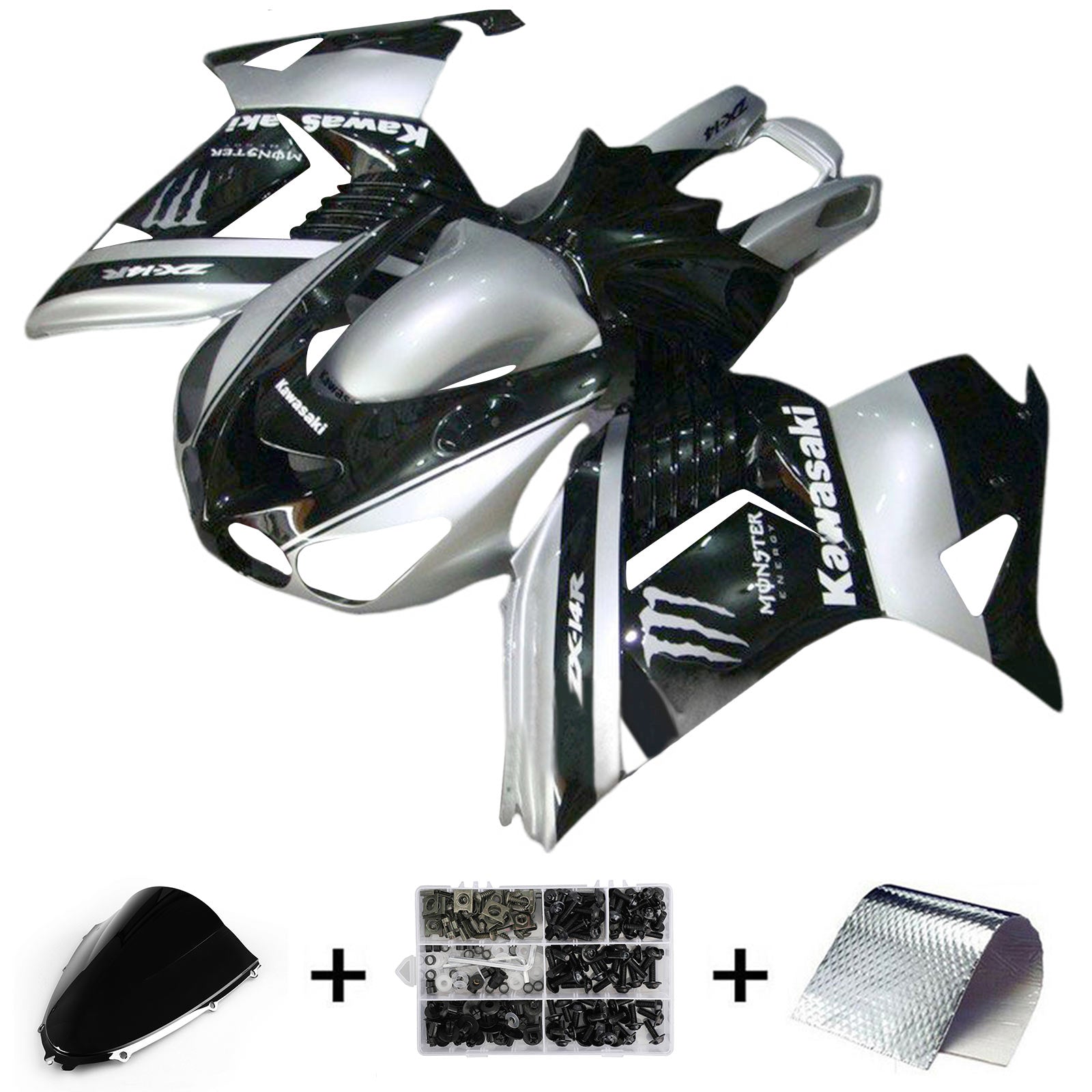 Amotopart 2006-2011 Kawasaki ZX14R ZZR1400 Kit de carenado negro plateado y blanco