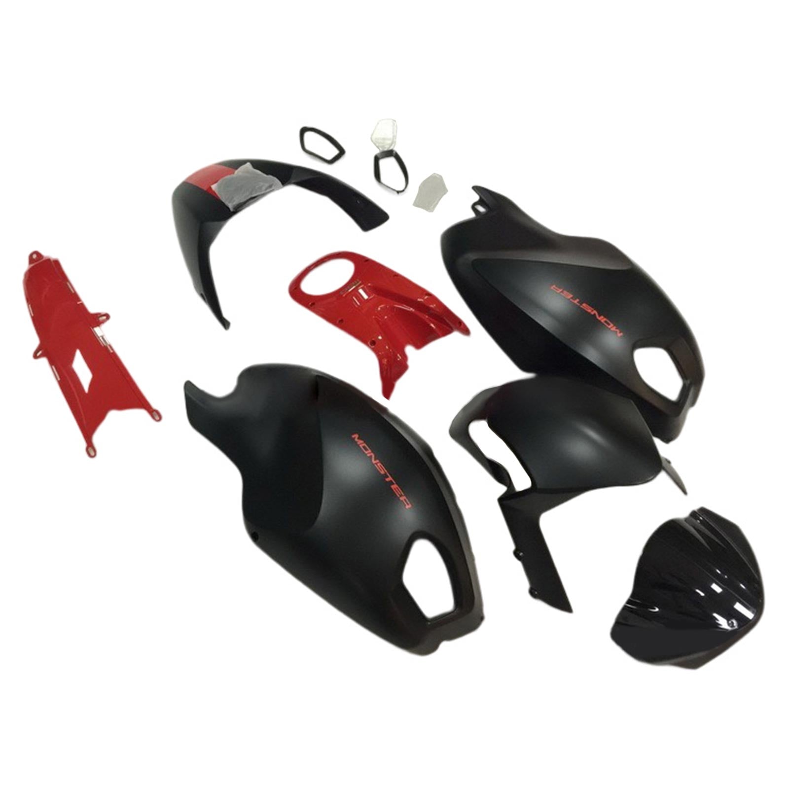 Amotopart Kit de carénage Ducati Monster 696 796 1100 S EVO toutes années noir mat et rouge Style1