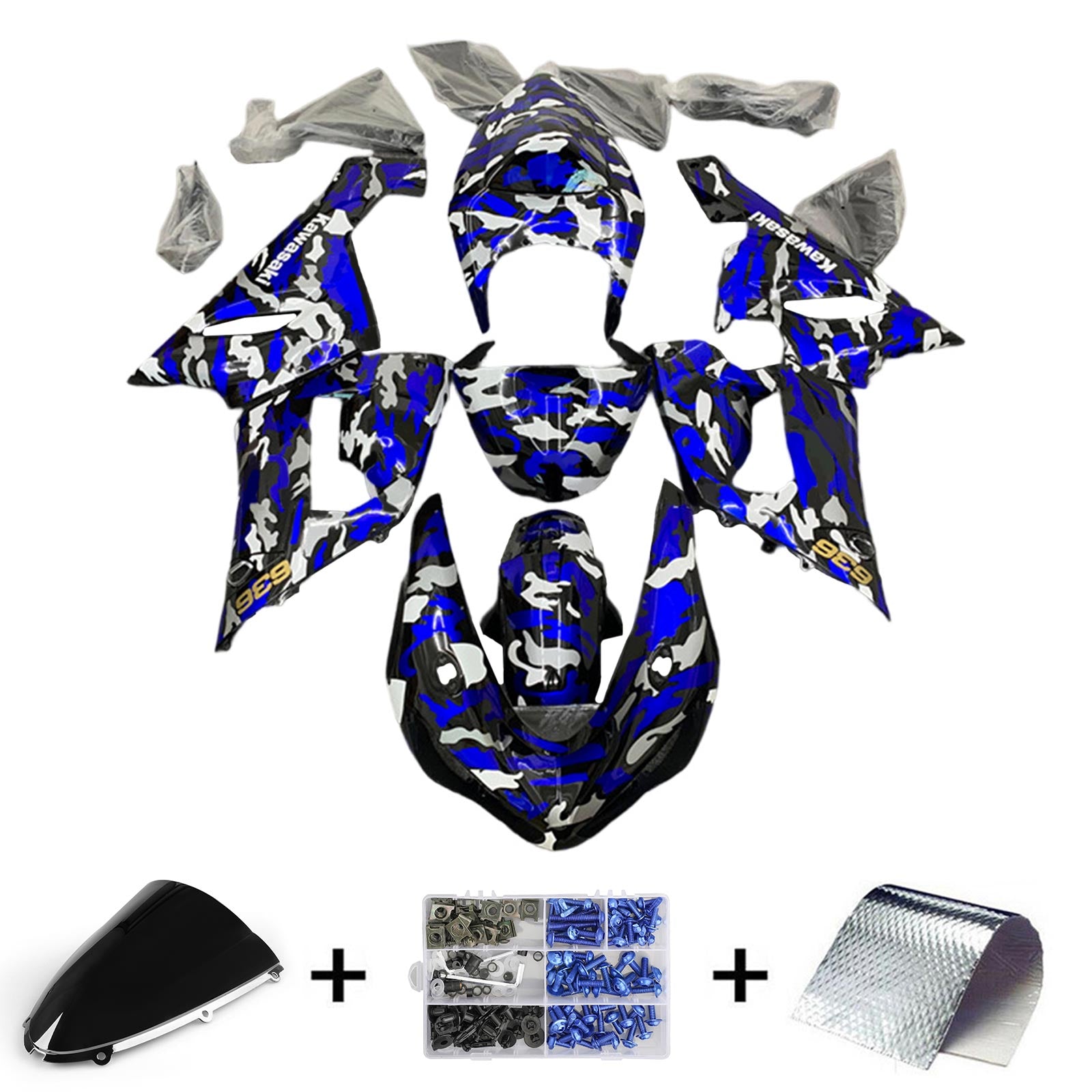 Amotopart 2005-2006 Kawasaki ZX6R 636 Kit de carenado de camuflaje azul y blanco