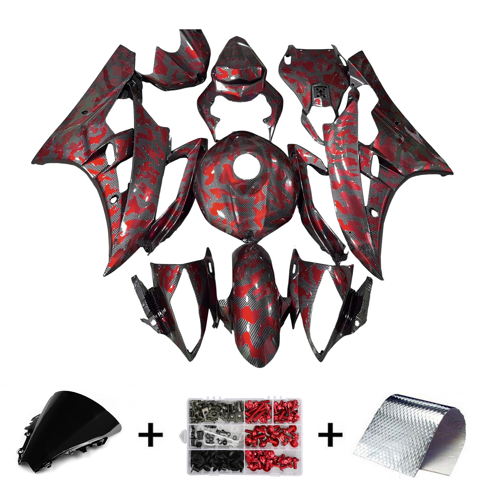 Amotopart 2006-2007 Yamaha YZF-R6 Red & Black Carbon Fiber Pattern Fairing Kit