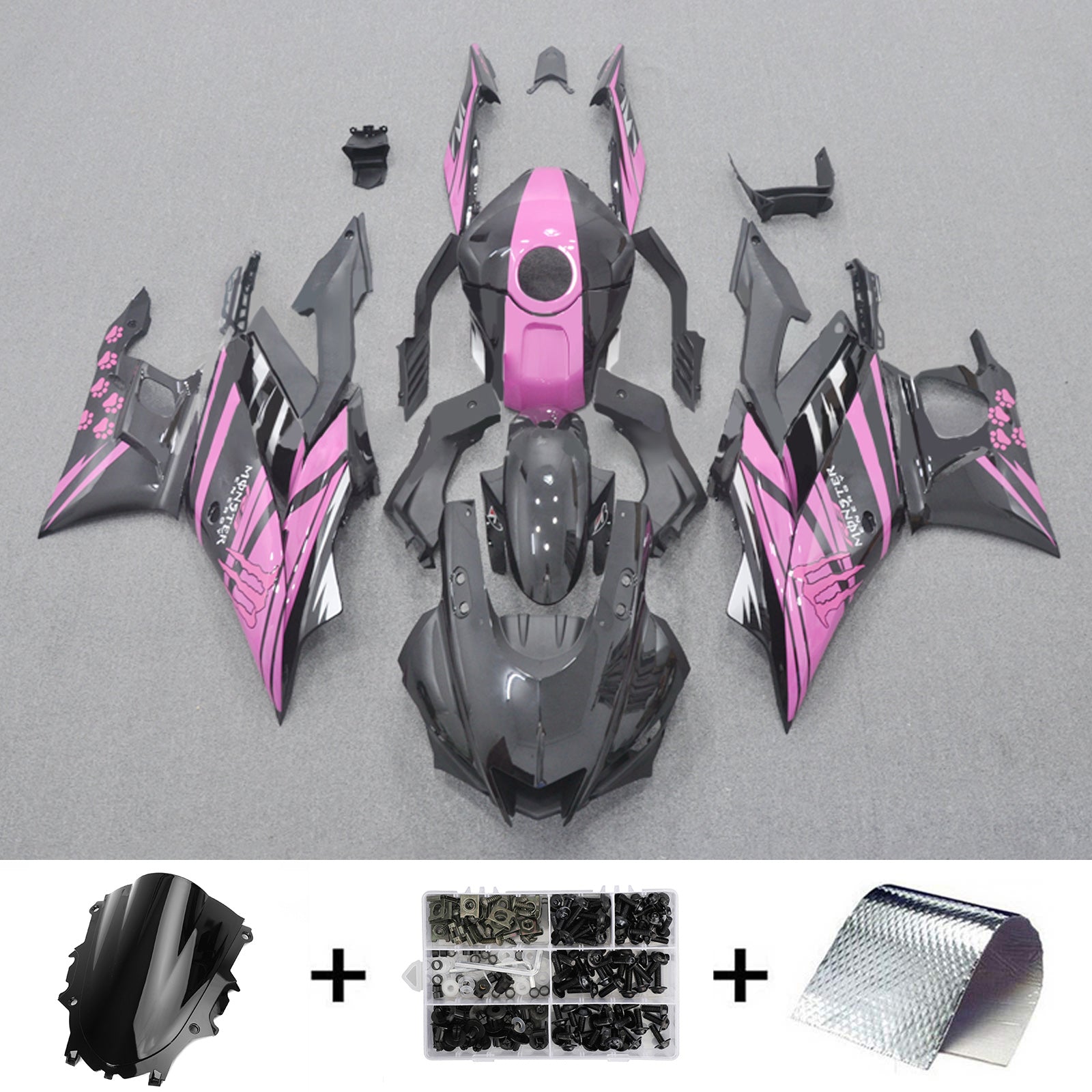 Amotopart 2019-2021 Yamaha YZF-R3 R25 Verkleidungssatz, Schwarz/Pink