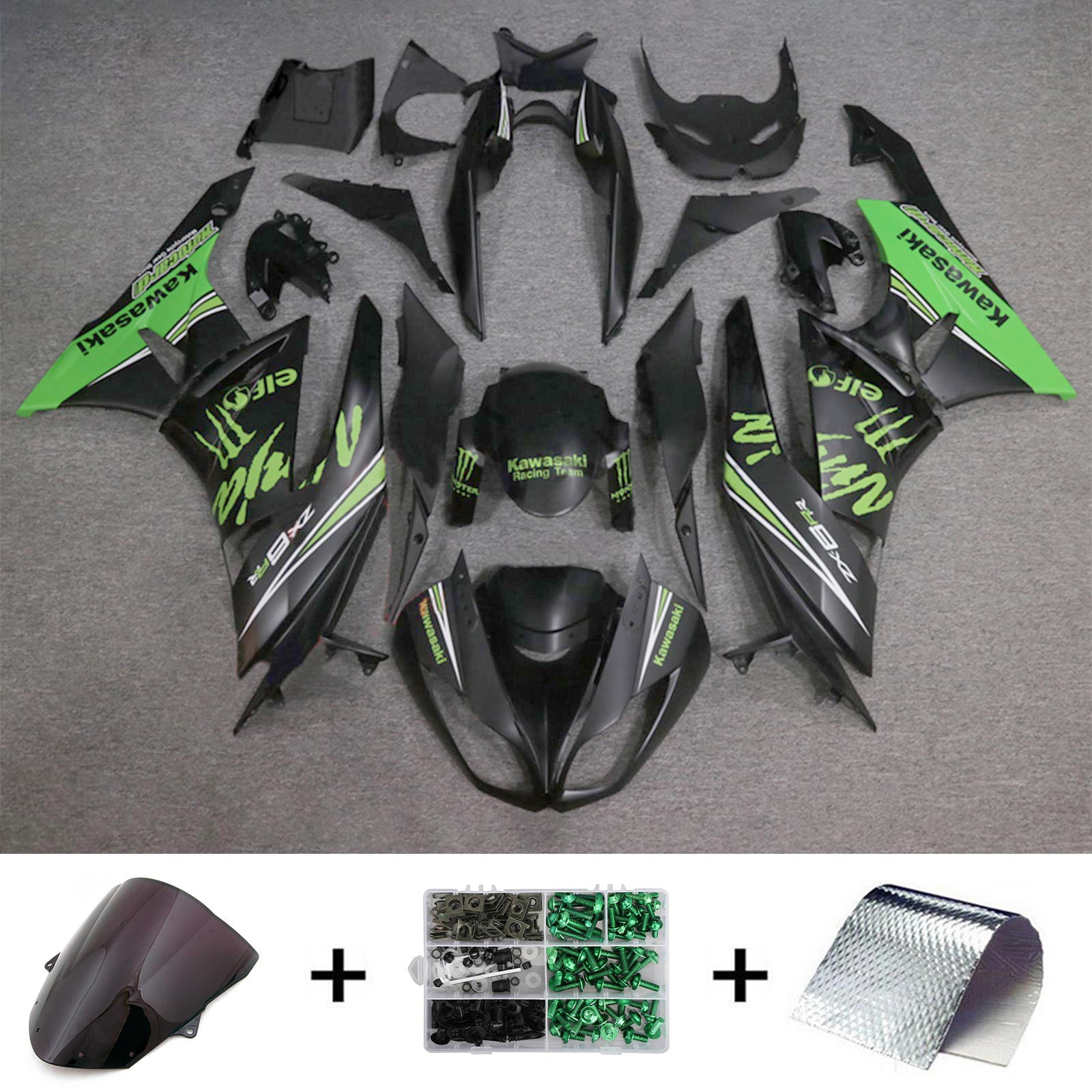 Amotopart Kit de carénage Kawasaki 2009-2012 ZX6R 636 vert et noir Style1