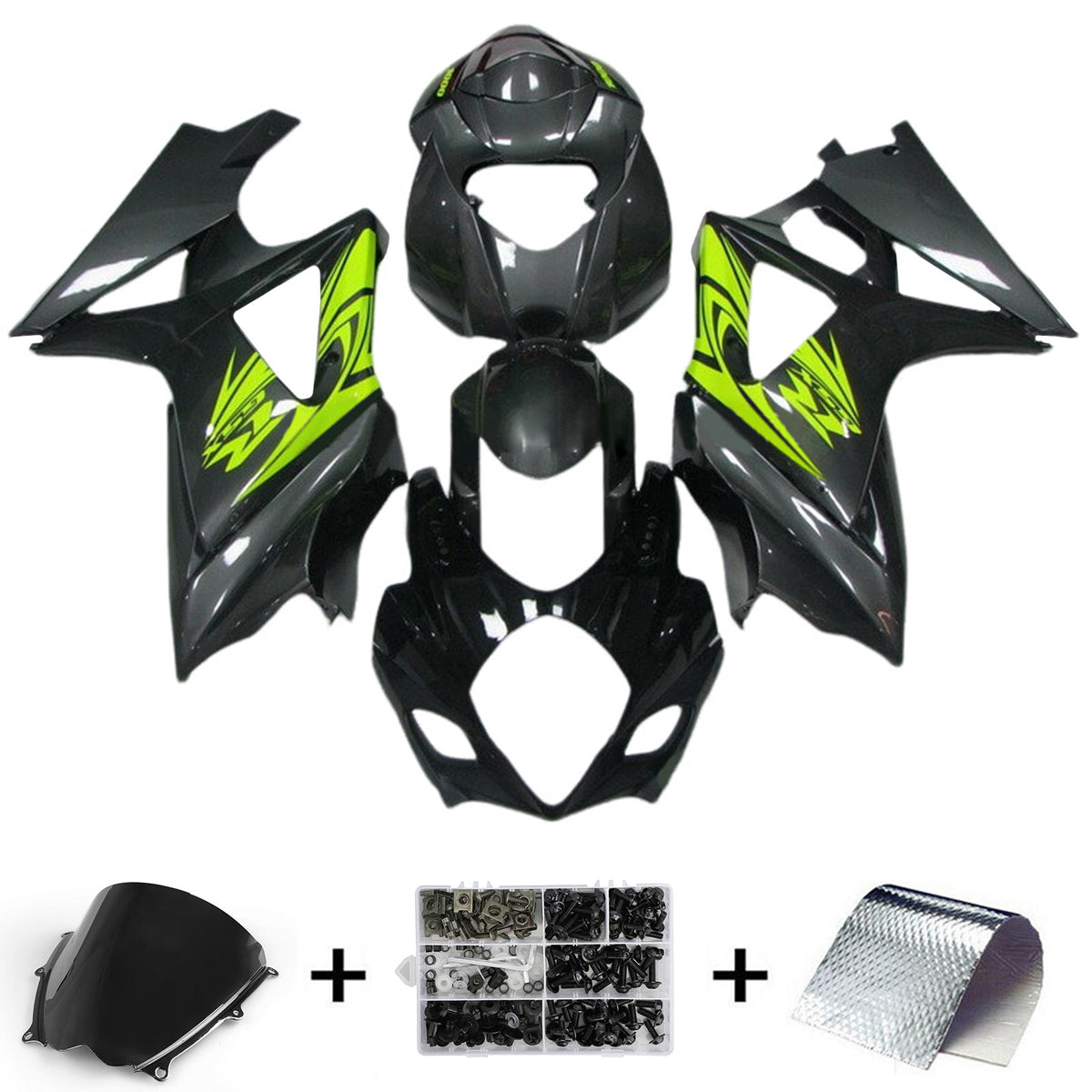 Amotopart 2007-2008 K7 GSXR1000 Suzuki Black with Green Accents Fairing Kit