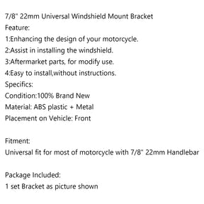 Universal 7/8" 22mm Standard Handlebar Windshield Bracket Mount Clamp Silver