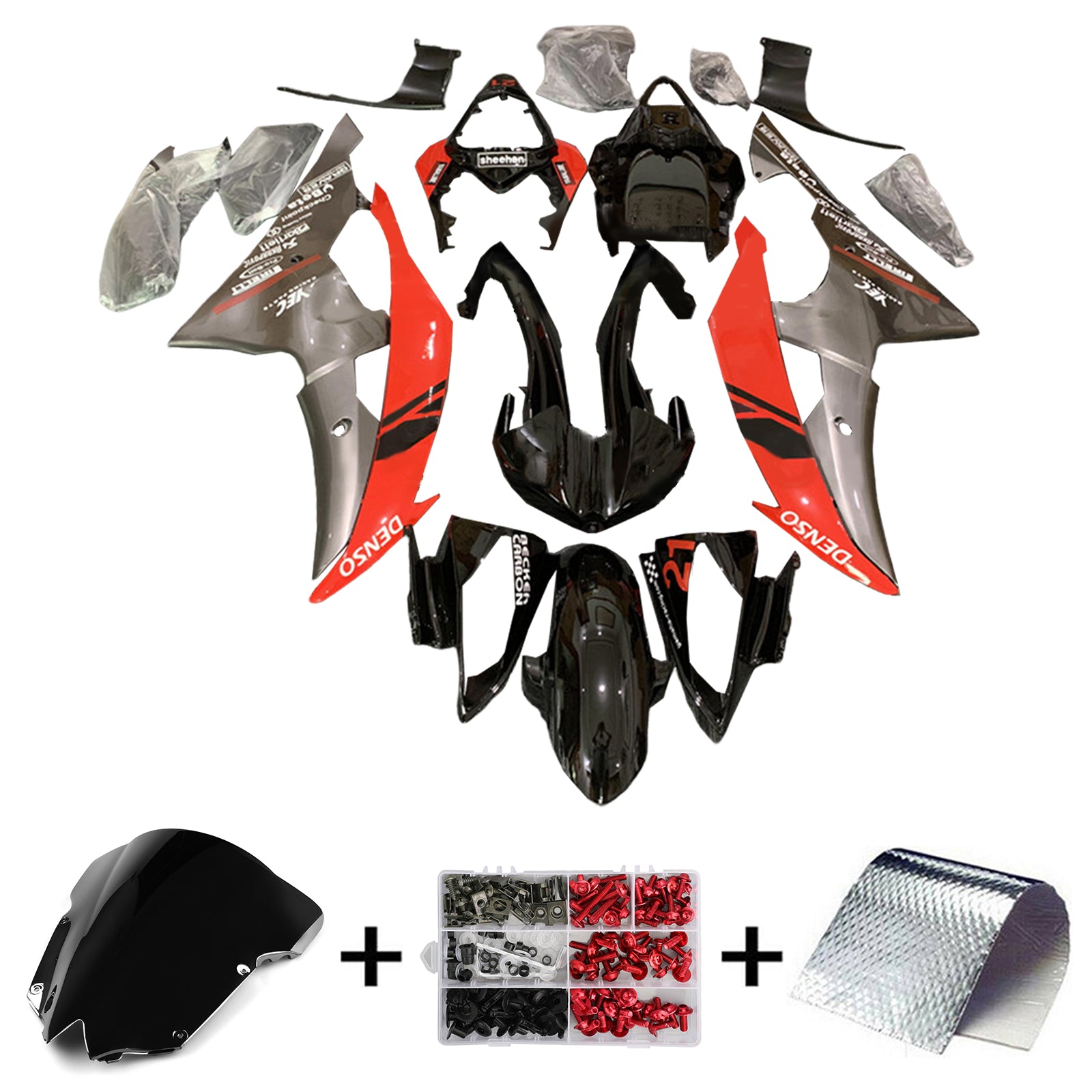 Amotopart 2008-2016 Yamaha YZF 600 R6 Kit de carénage rouge et gris