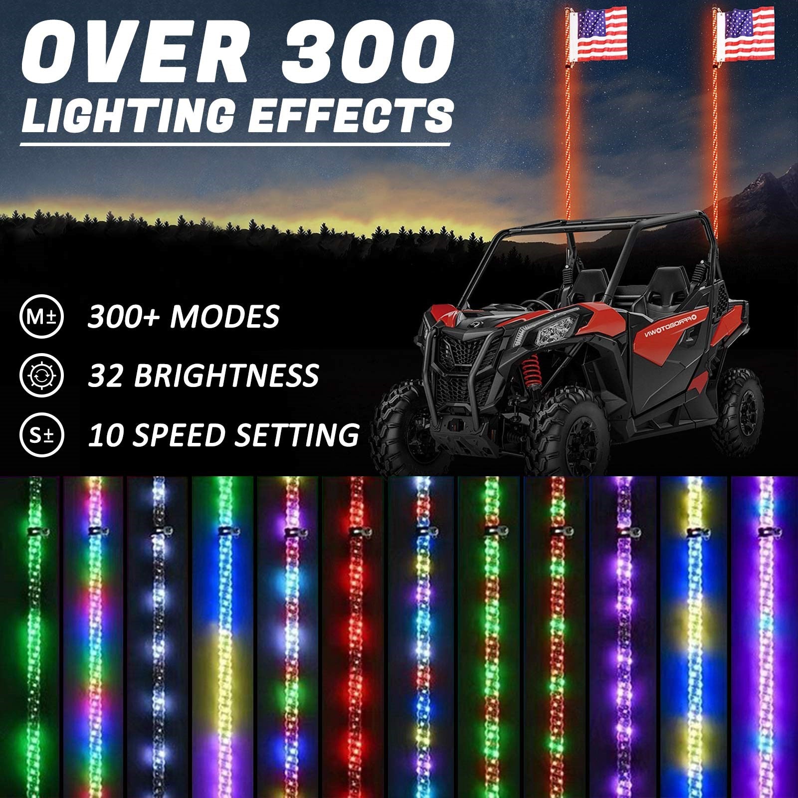 2X 2ft RGB LED APP Whip Lights Antenna W/ Flag Remote Control For Polaris UTV ATV