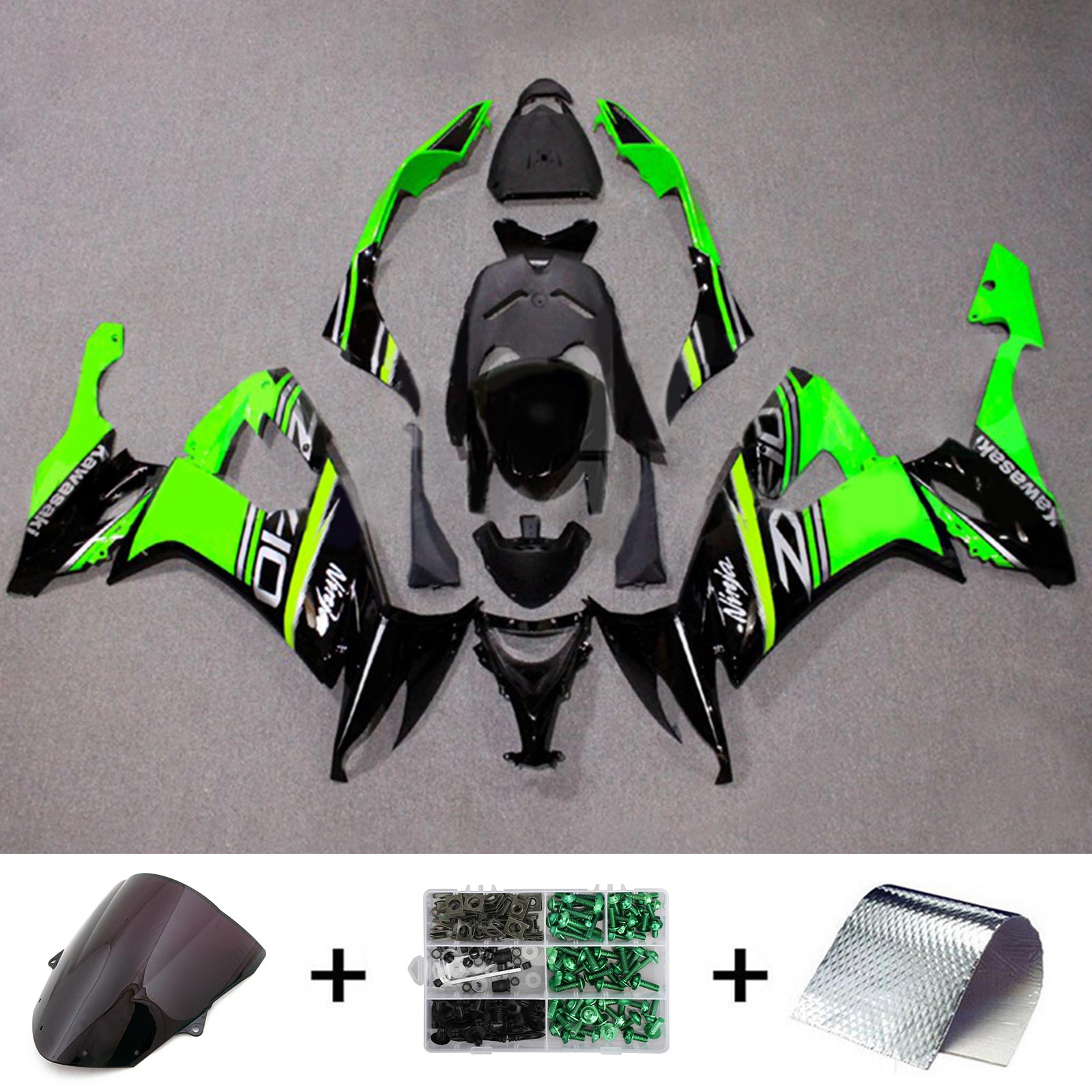 Amotopart 2008-2010 Kit de carénage Kawasaki ZX10R vert et noir Style4