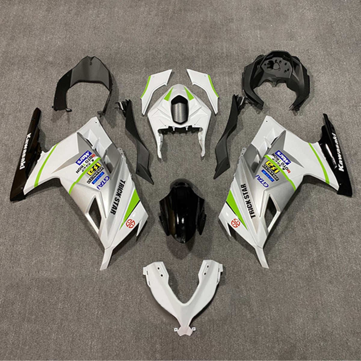 Amotopart 2013-2024 Kawasaki EX300/Ninja300 Kit carena bianco e argento