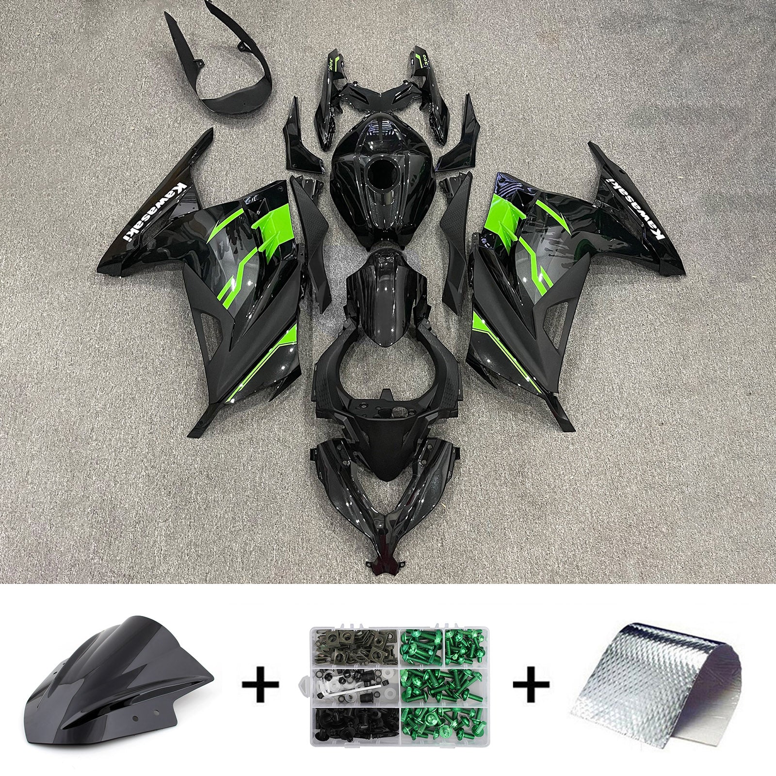 Amotopart 2013-2024 Kawasaki EX300/Ninja 300 Kit de carénage Style1 noir et vert