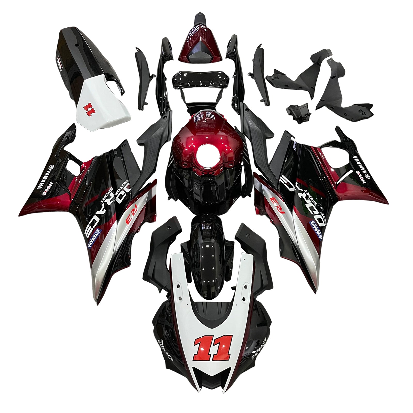 Kit de carénage Amotopart Yamaha 2019-2021 YZF R3/YZF R25 rouge et noir Style3