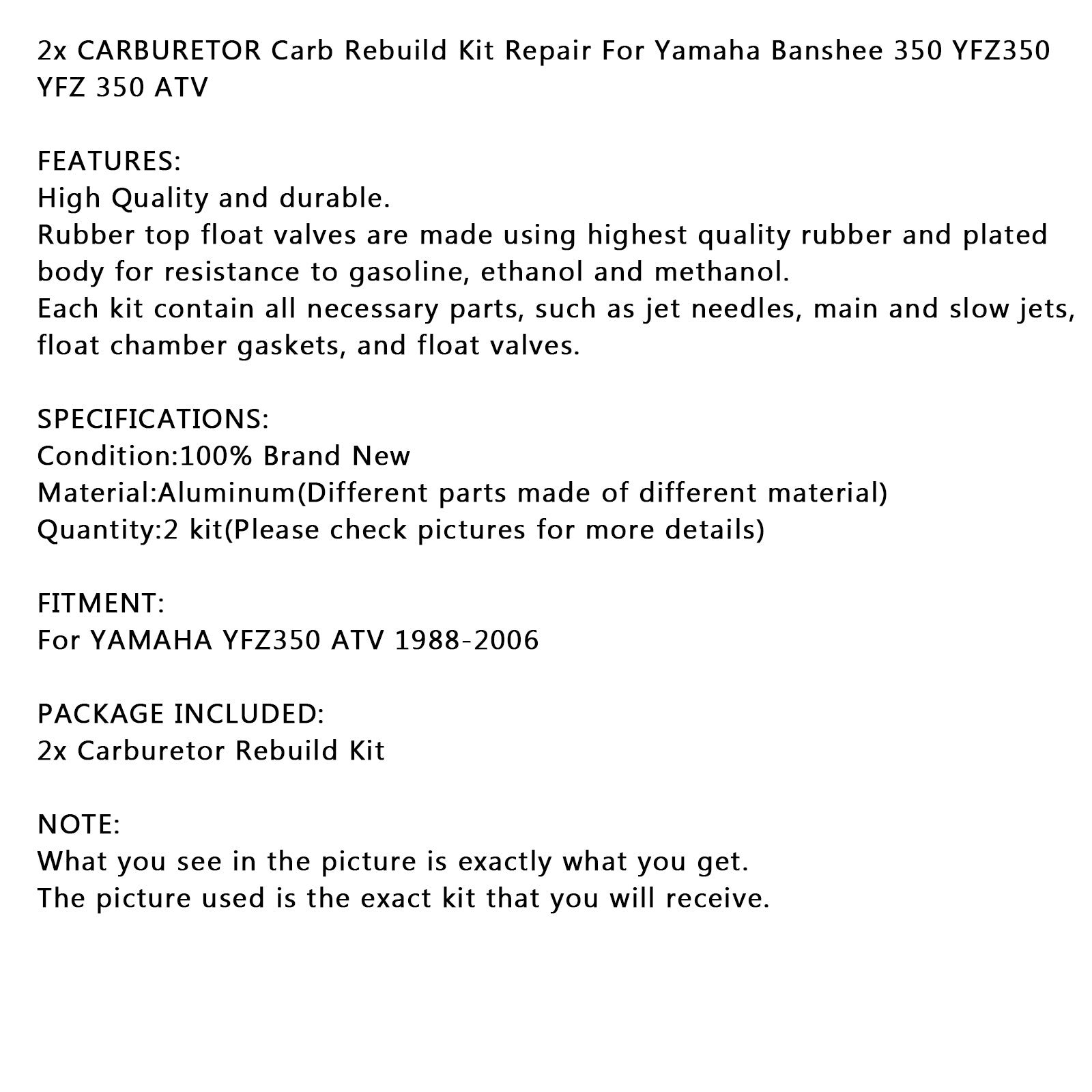 2x Carburetor Repair Carb Rebuild Kit For Yamaha Banshee 350 YFZ350 YFZ 350 ATV