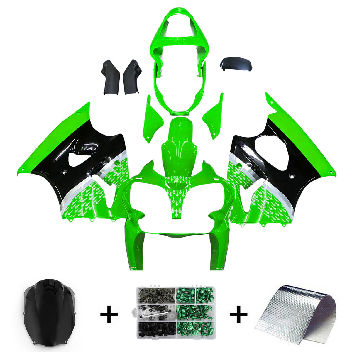 Amotopart 2000-2002 2005-2008 Kawasaki ZX-6R 636 ZZR600 Green Black White Fairing Kit