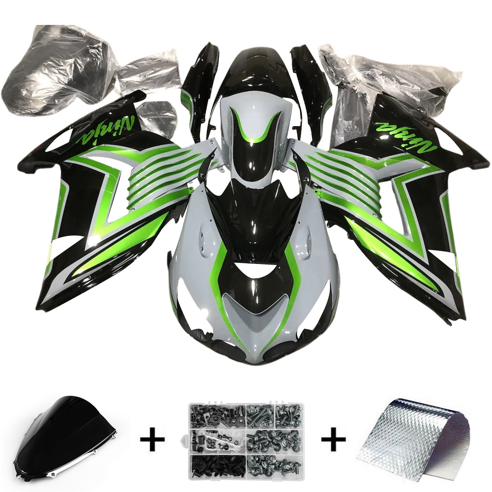 Amotopart 2012-2022 Kawasaki ZX14R ZZR1400 Glossy Black White & Green Fairing Kit