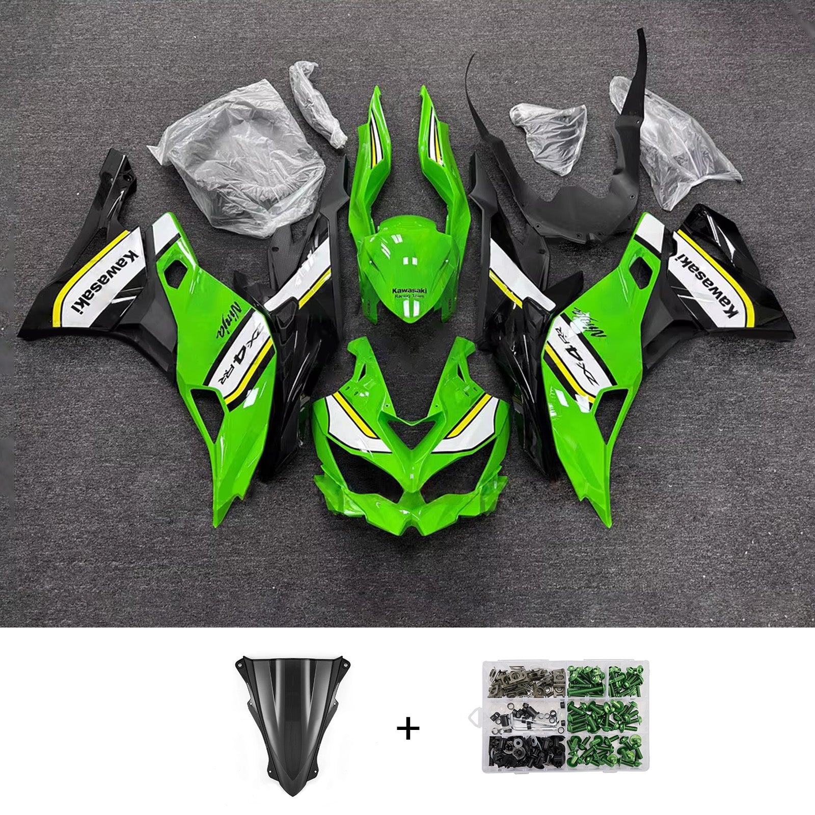 Amotopart 2019-2022 Kawasaki Ninja ZX-25R 2023-2025 Kawasaki Ninja ZX-4R/ZX-4RR Green Black White Fairing Kit