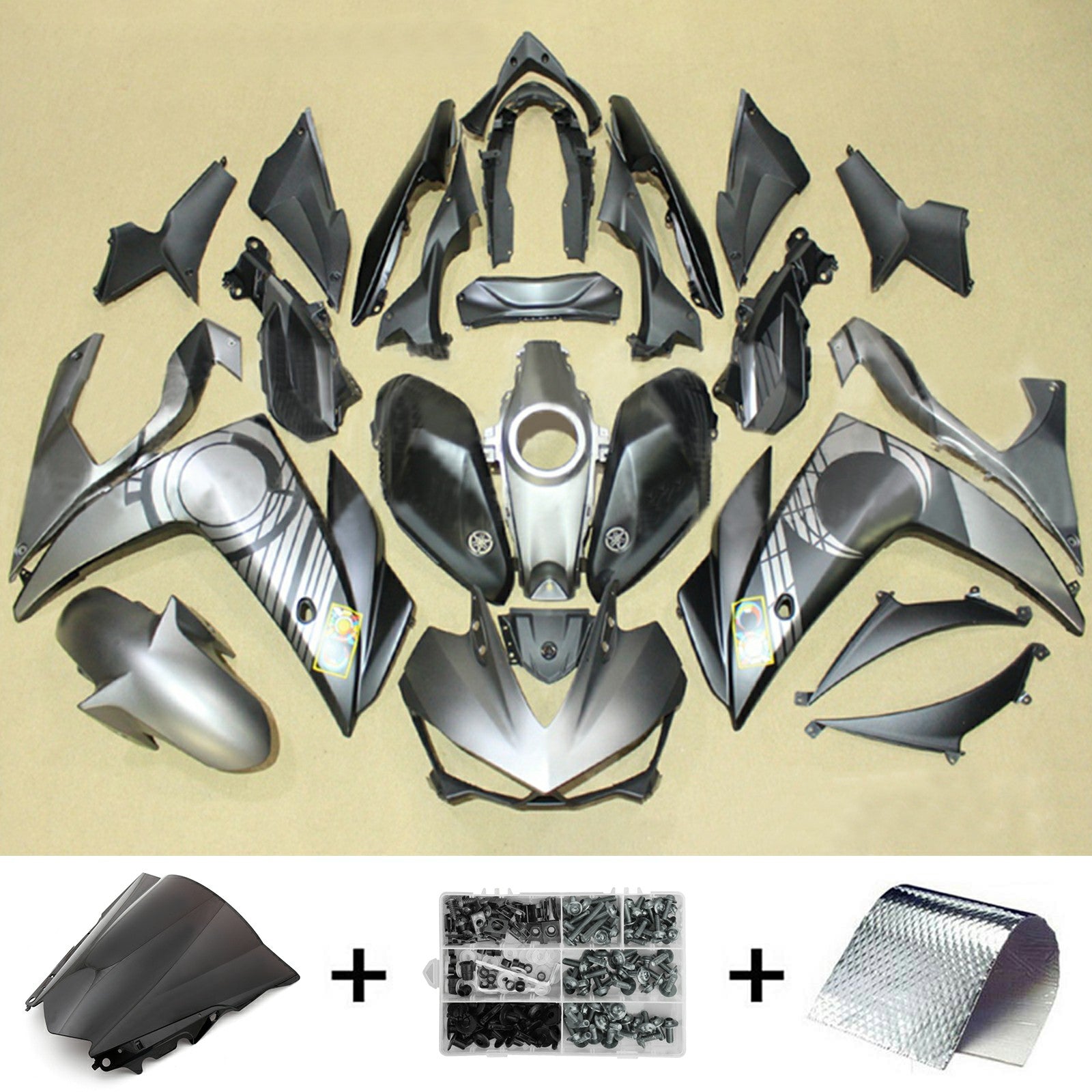 Amotopart YZF-R3 2014-2018 R25 2015-2017 Yamaha Kit de carénage gris mat et noir