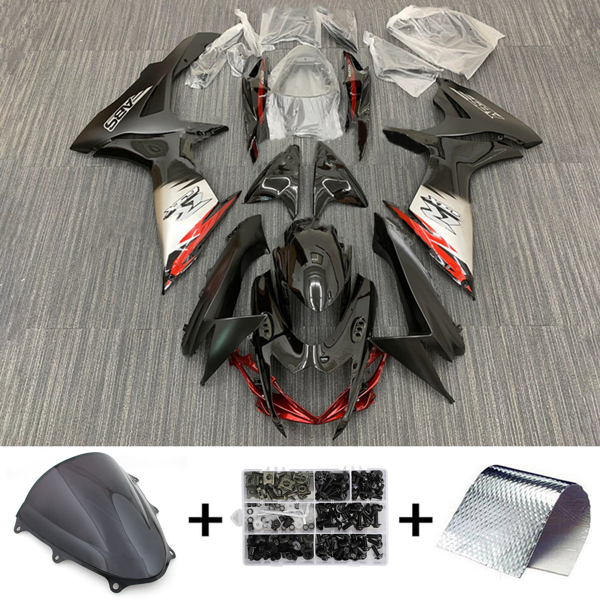 Amotopart 2011-2024 GSXR 600/750 Suzuki negro con kit de carenado de detalles rojos