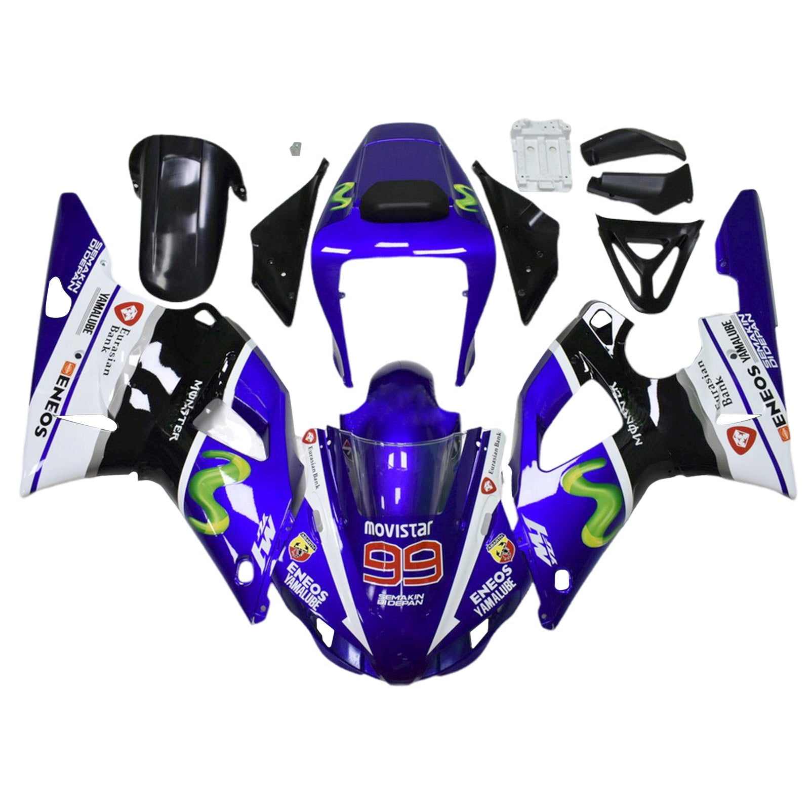 Amotopart 1998-1999 Yamaha YZF 1000 R1 Black White Blue Fairing Kit