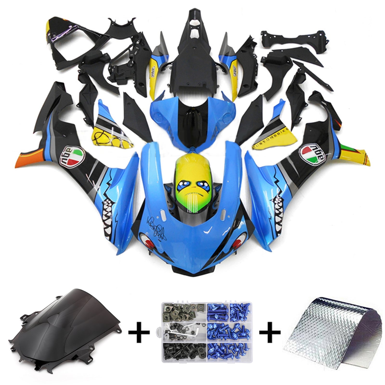 Amotopart Yamaha YZF 1000 R1 2015-2019 Kit de carénage de dents de requin bleu et jaune