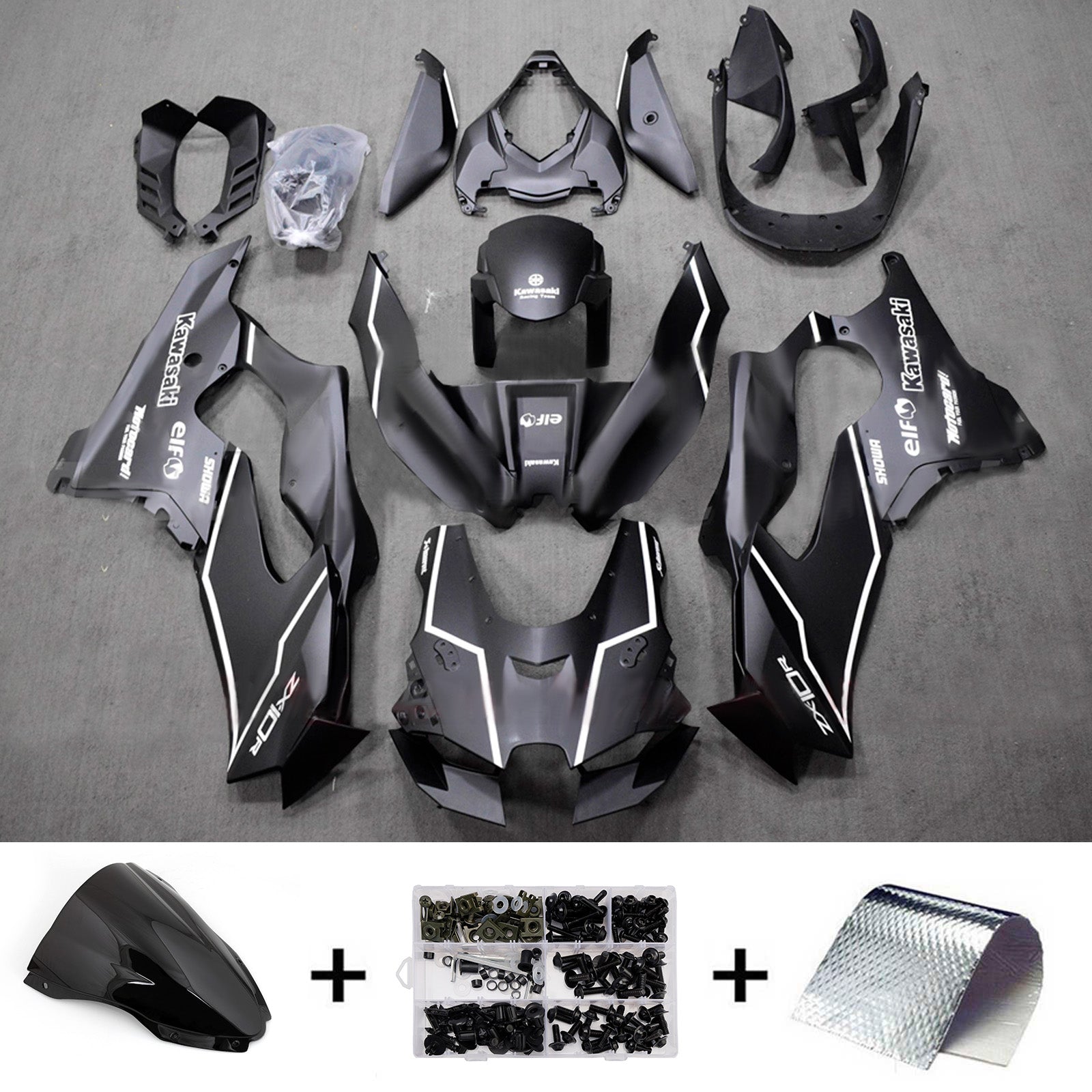 Amotopart 2021-2025 Kawasaki ZX-10R/ZX-10RR Black with White Stripe Fairing Kit