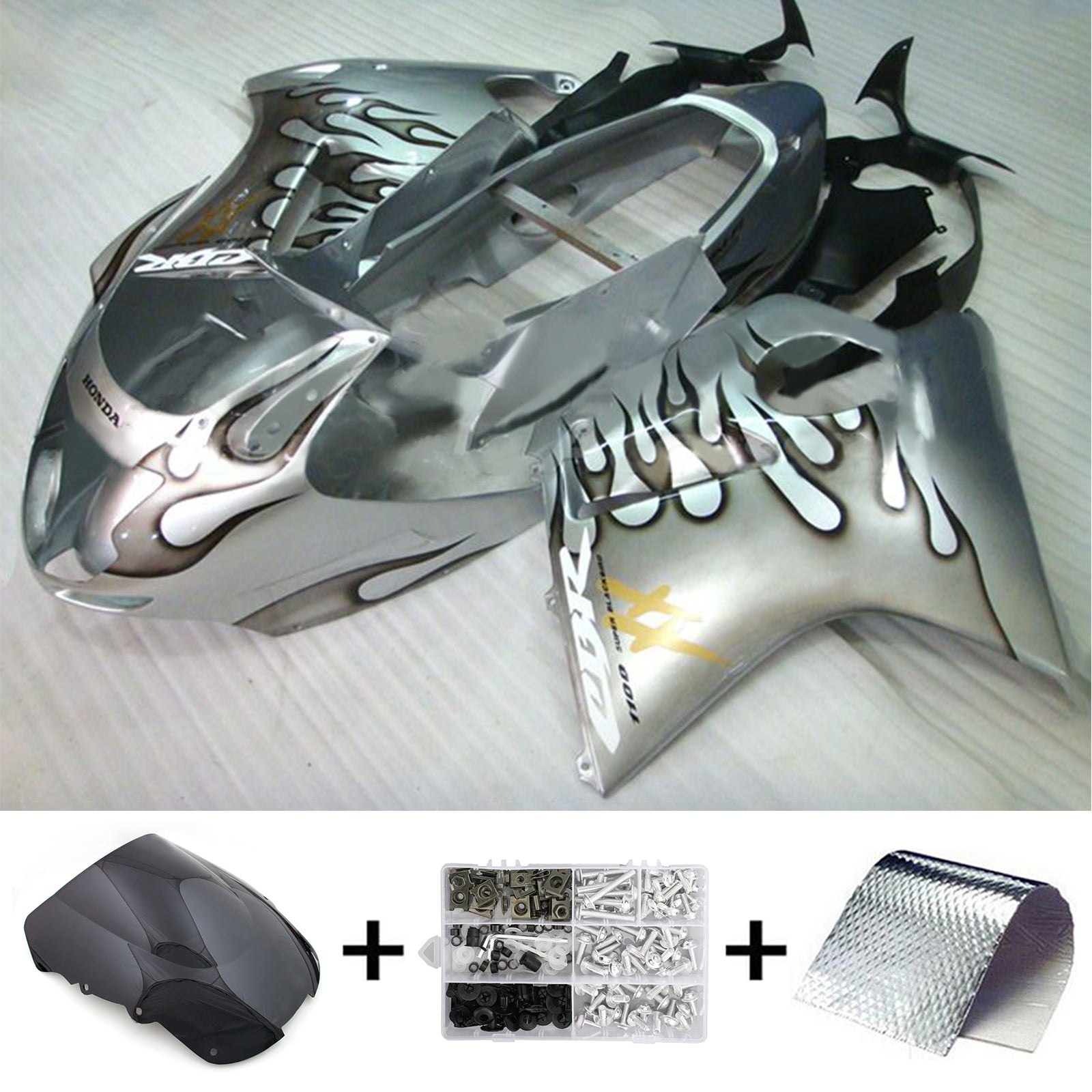 Amotopart 1996-2007 CBR1100XX SuperBlackBird Honda Grey with Black Flame Fairing Kit