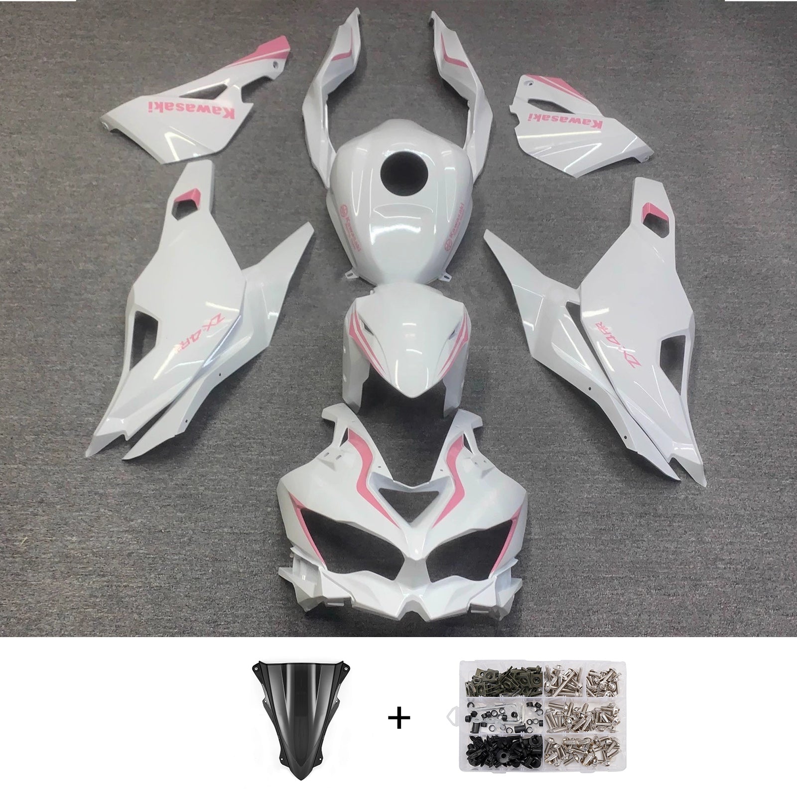 Amotopart 2019-2022 Kawasaki Ninja ZX-25R 2023-2025 Kawasaki Ninja ZX-4R/ZX-4RR White Pink Fairing Kit