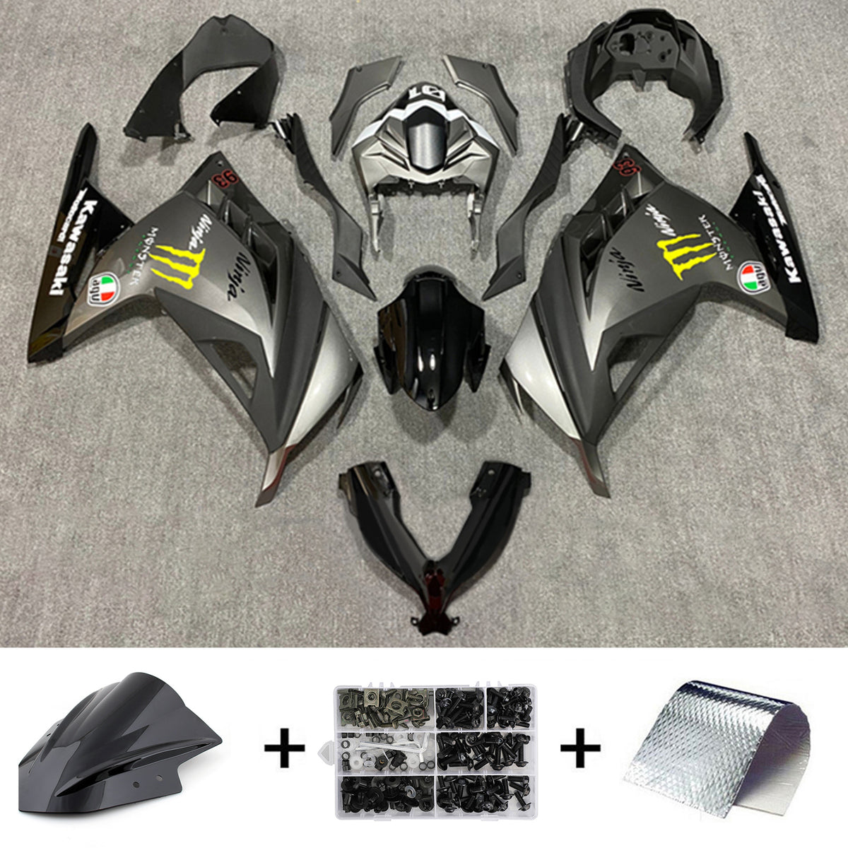 Amotopart 2013-2024 Kawasaki EX300/Ninja300 Matte Grey with Monster Logo Fairing Kit