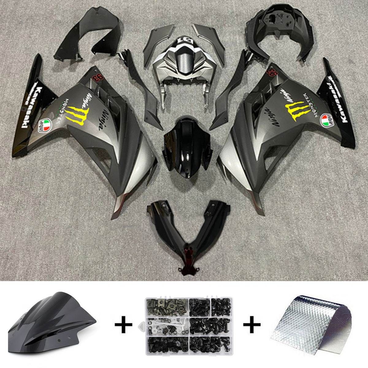 Amotopart 2013-2024 Kawasaki EX300/Ninja300 gris mate con kit de carenado con logotipo Monster