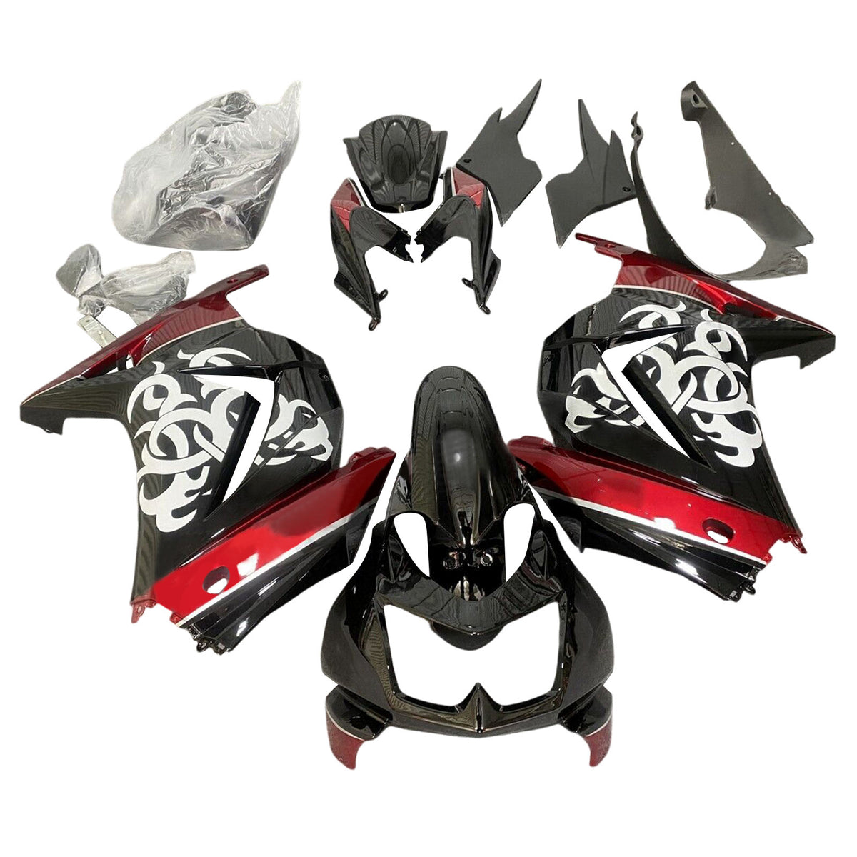 Amotopart 2008-2012 Kawasaki EX250 Ninja250R Kit de carenado negro brillante, rojo y blanco