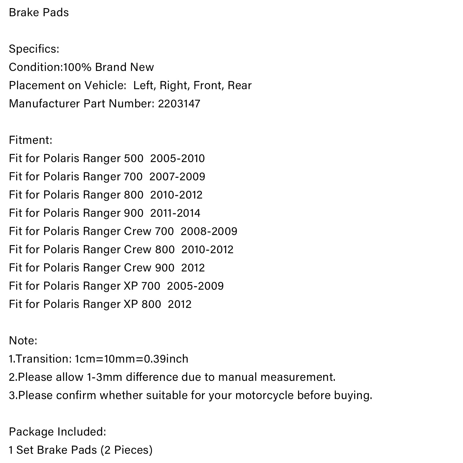 05-15 Polaris Ranger 500 700 800 900 XP Crew Areyourshop Brake Pads 2203147