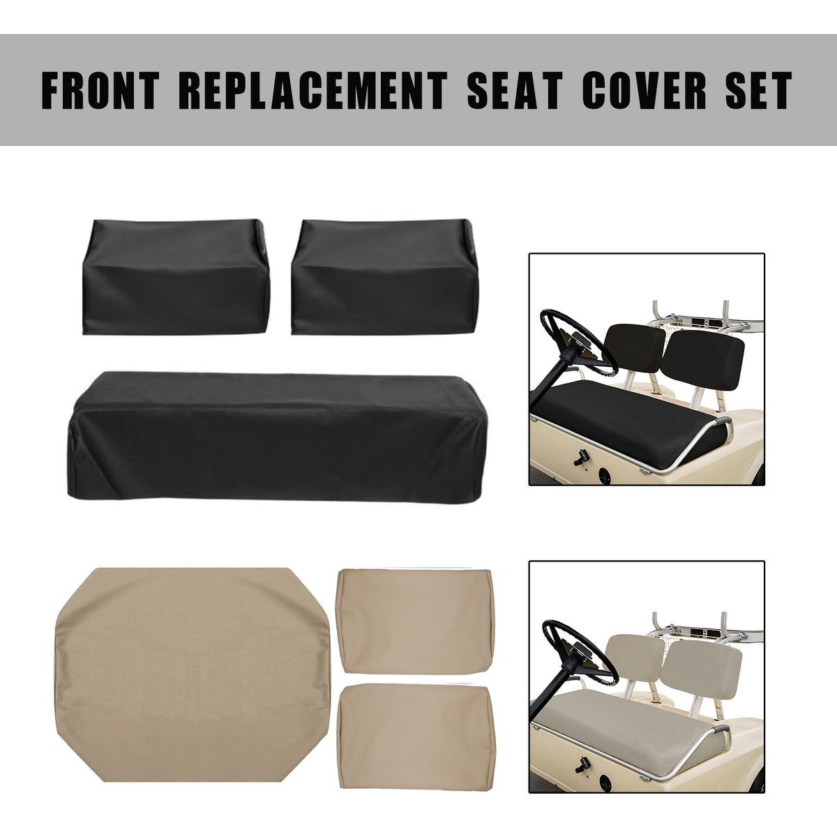 Set Club Car Front Seat Covers PU Leather For PRE-2000 DS Golf Cart 82-00 Khaki