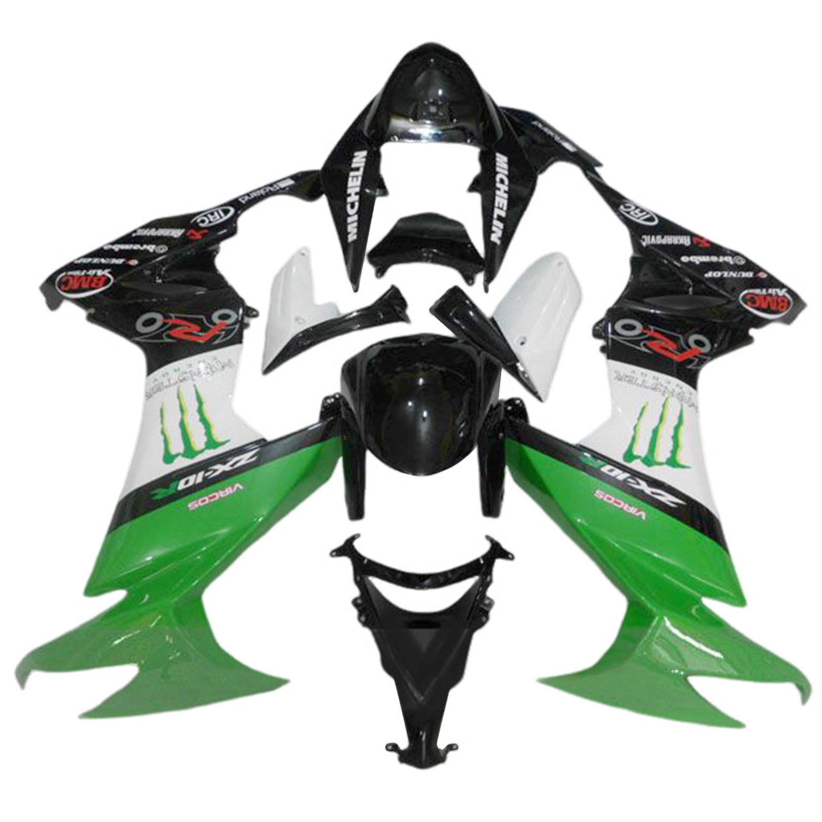 Amotopart 2008-2010 Kawasaki ZX10R Glossy Black White Green Fairing Kit