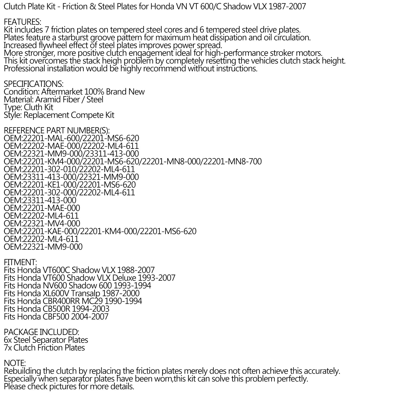 クラッチキット スチール & フリクションプレート ホンダ VN VT 600/C シャドウ VLX 1987-2007用