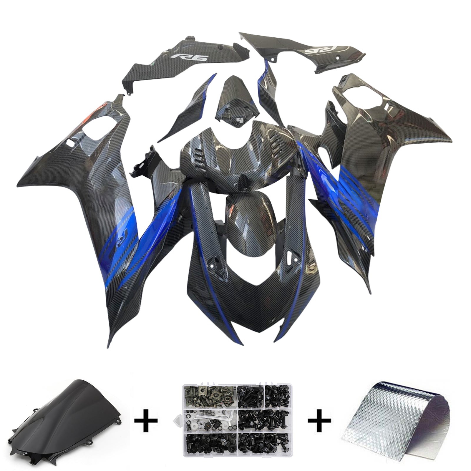 Amotopart 2017-2023 Yamaha YZF R6 Carbon Fiber Blue Black Fairing Kit